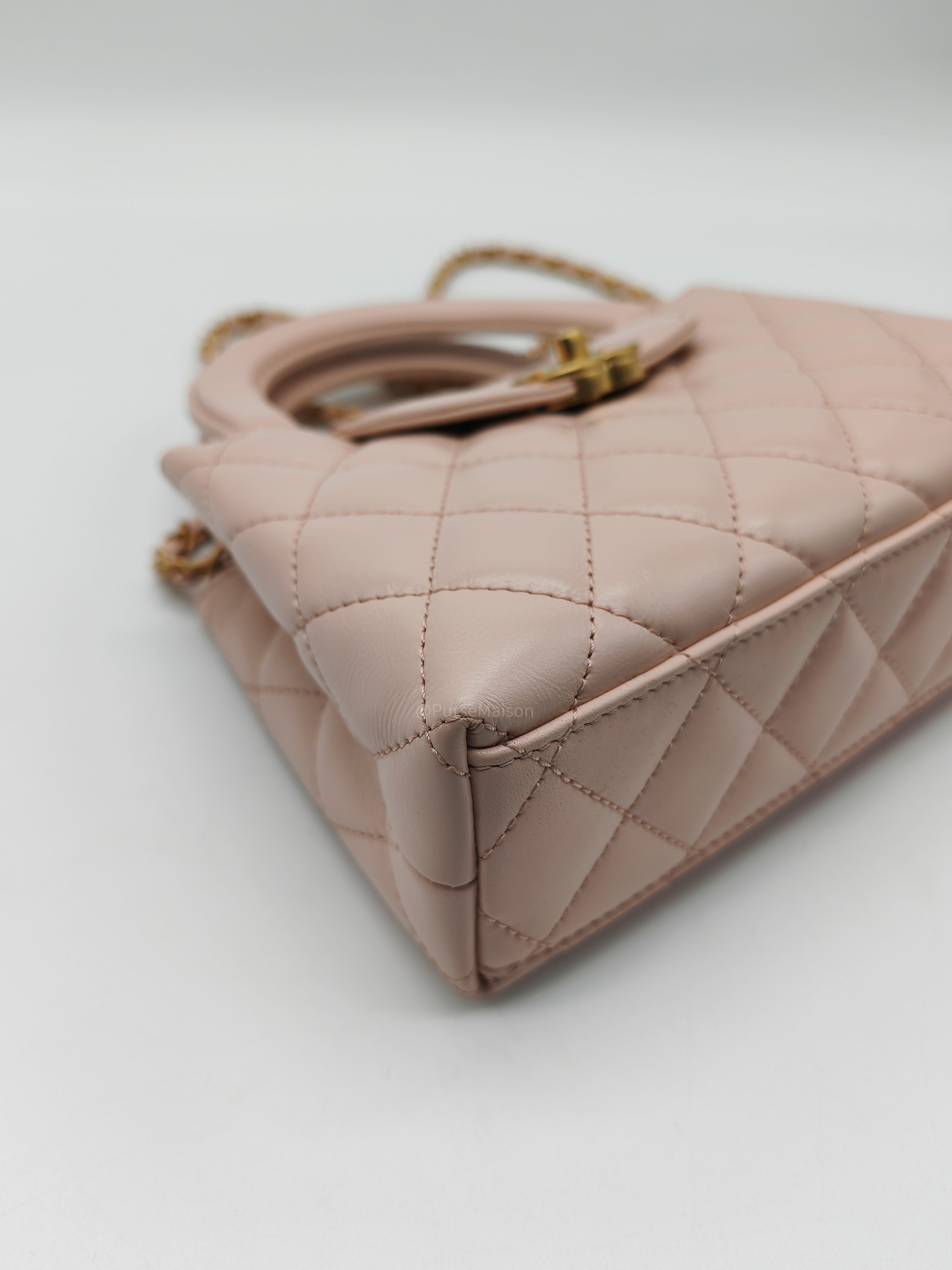 Chanel CC Kelly Small in Baby Pink Shiny Aged Calfskin Leather and Aged Gold Hardware Microchip