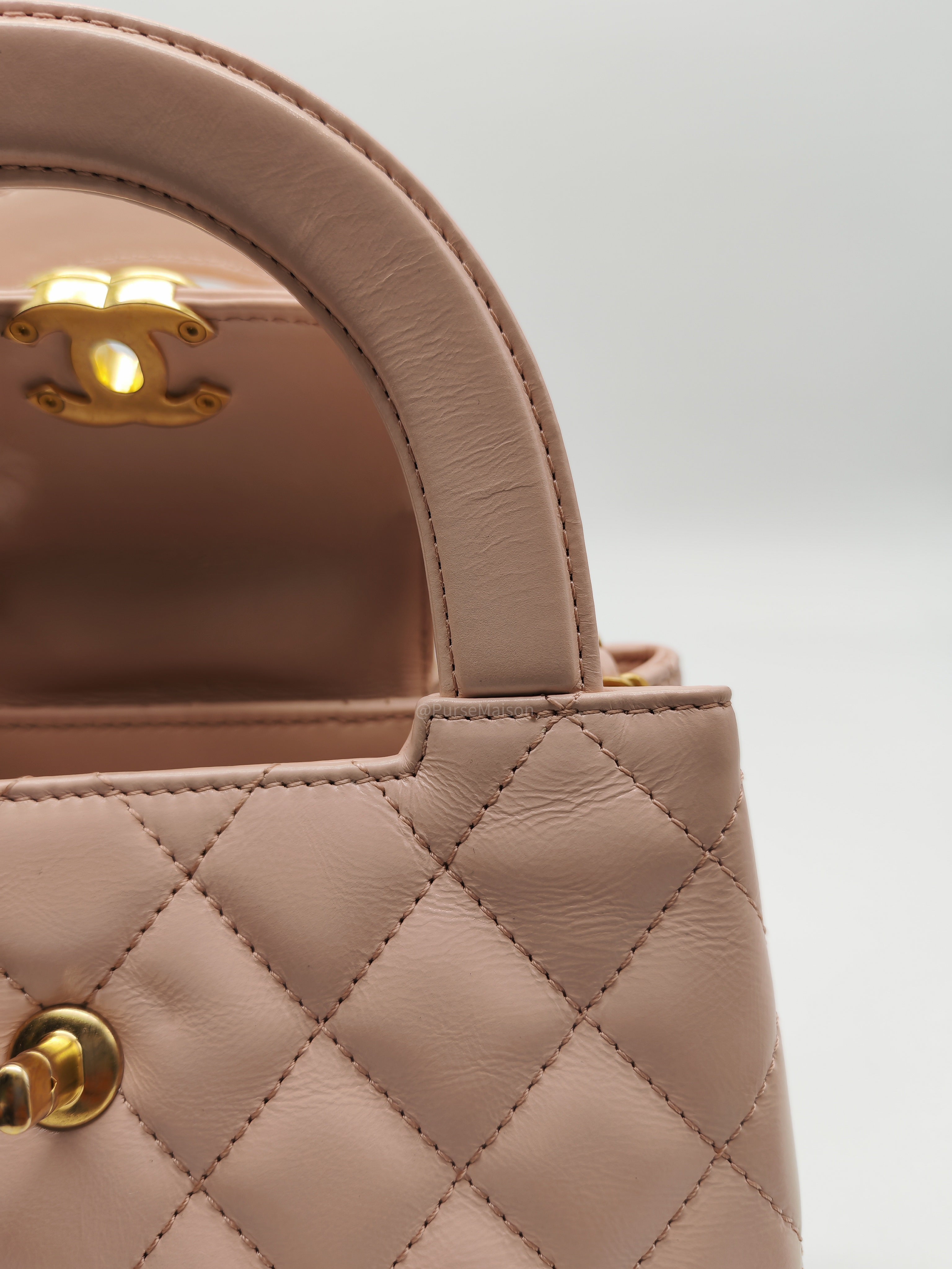 Chanel CC Kelly Small in Baby Pink Shiny Aged Calfskin Leather and Aged Gold Hardware Microchip