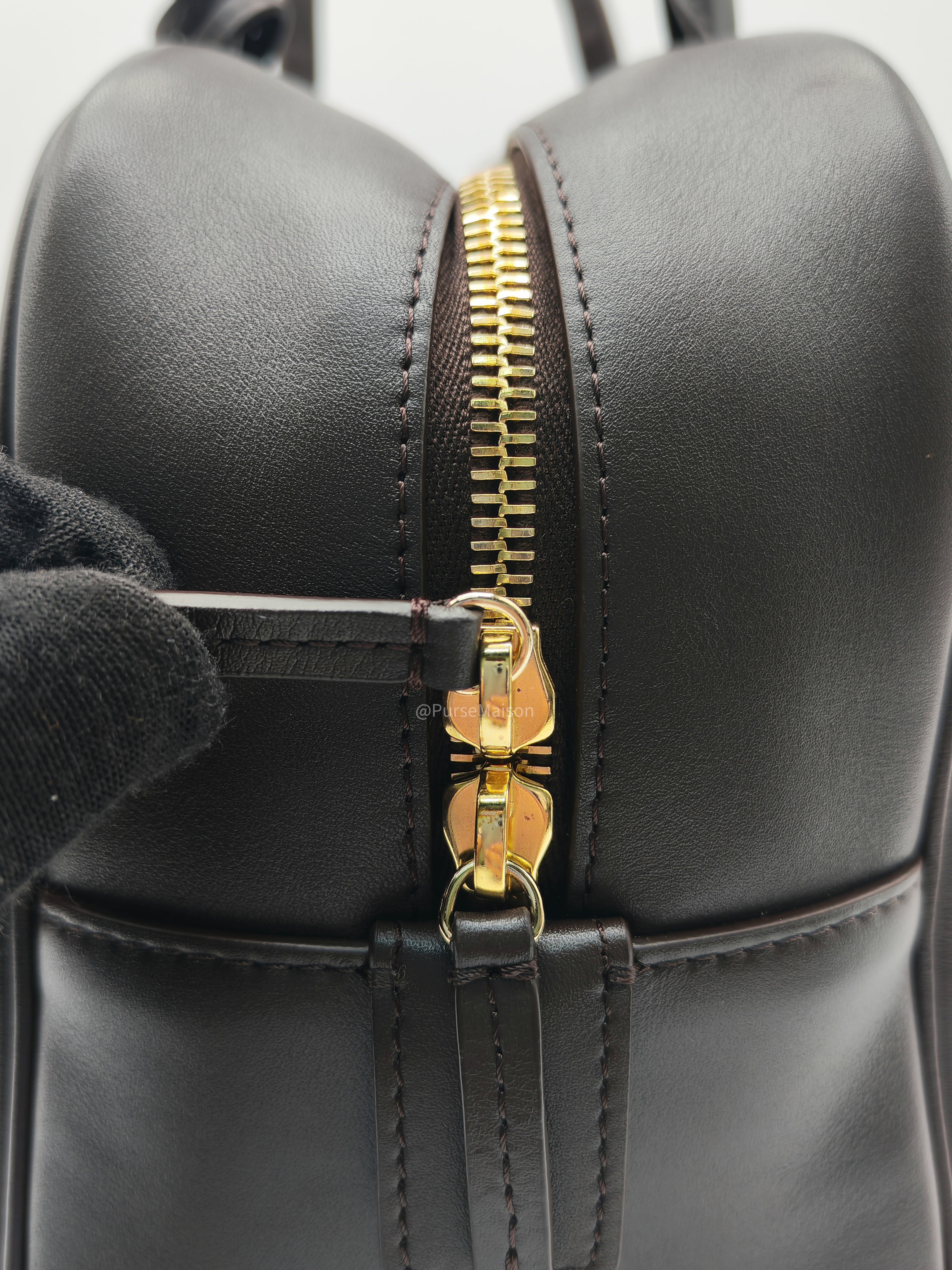 Chanel Large Bowling Bag in Dark Brown Calfskin Leather and Gold Hardware (Microchip)