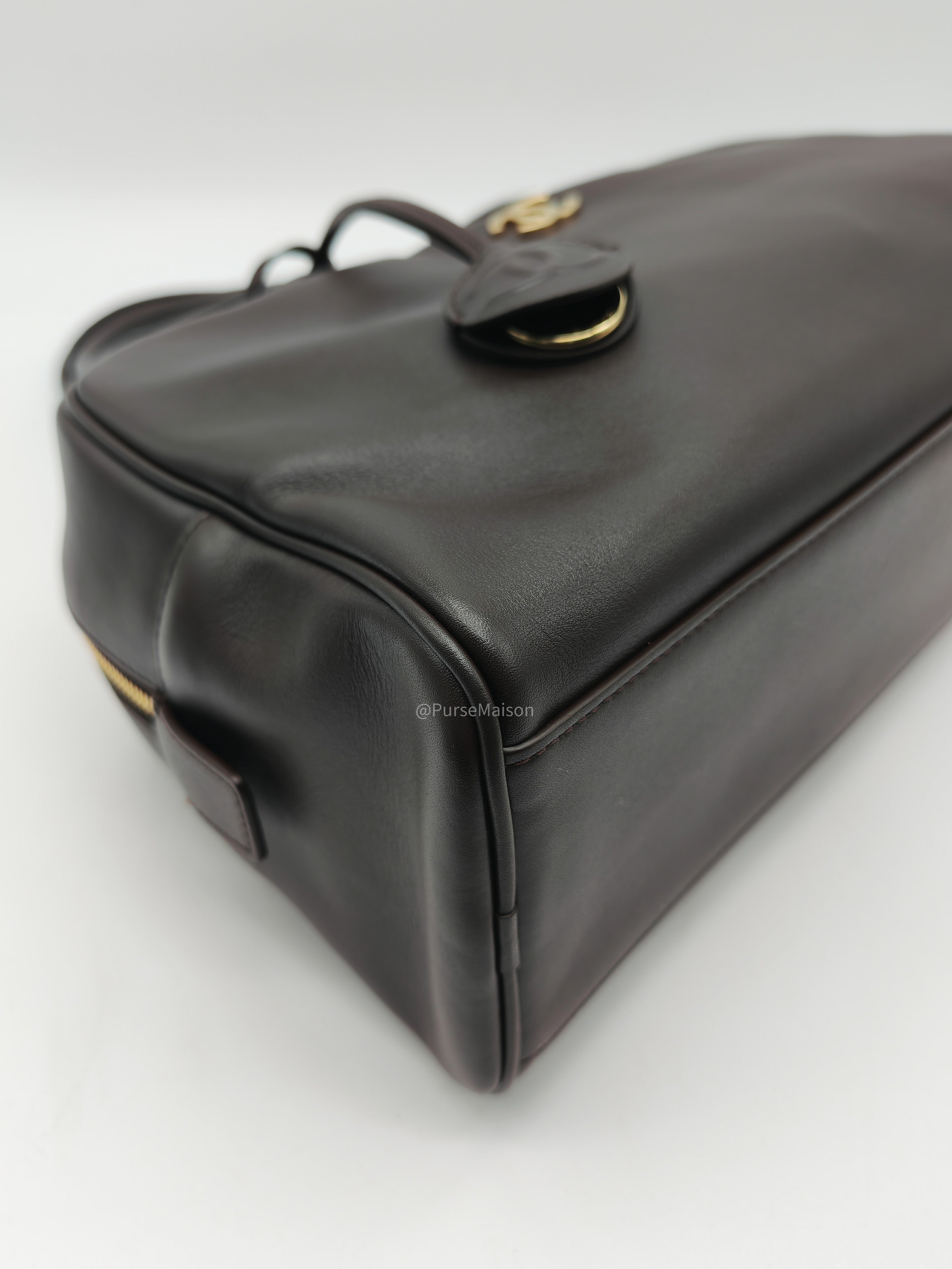 Chanel Large Bowling Bag in Dark Brown Calfskin Leather and Gold Hardware (Microchip)