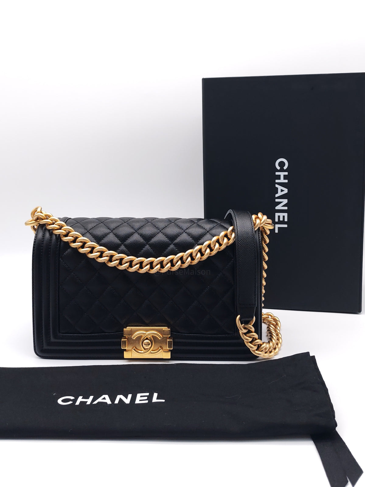 Chanel Boy Old Medium in Black Caviar Leather and Aged Gold Hardware Microchip (A9****U6)
