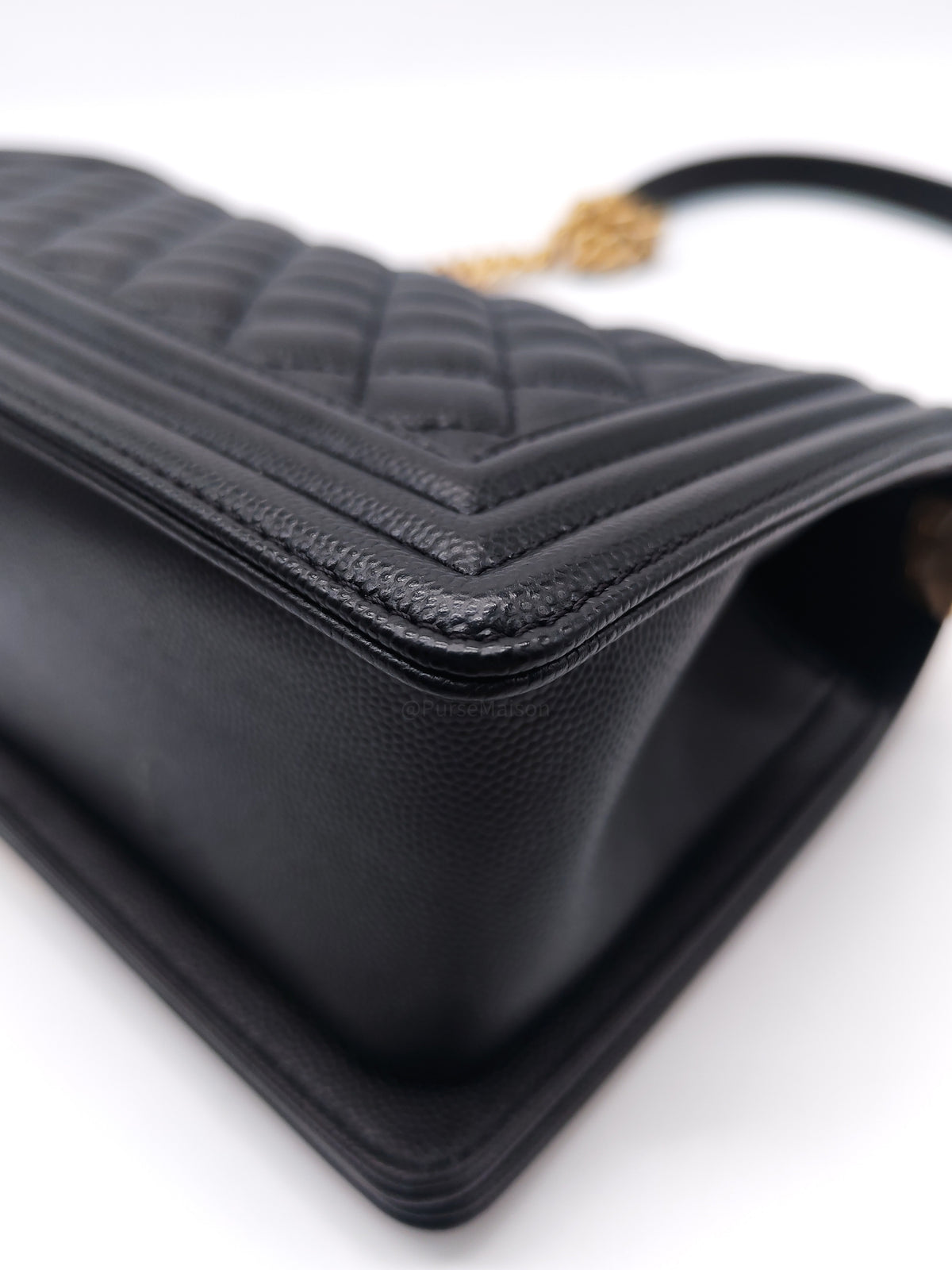 Chanel Boy Old Medium in Black Caviar Leather and Aged Gold Hardware Microchip (A9****U6)