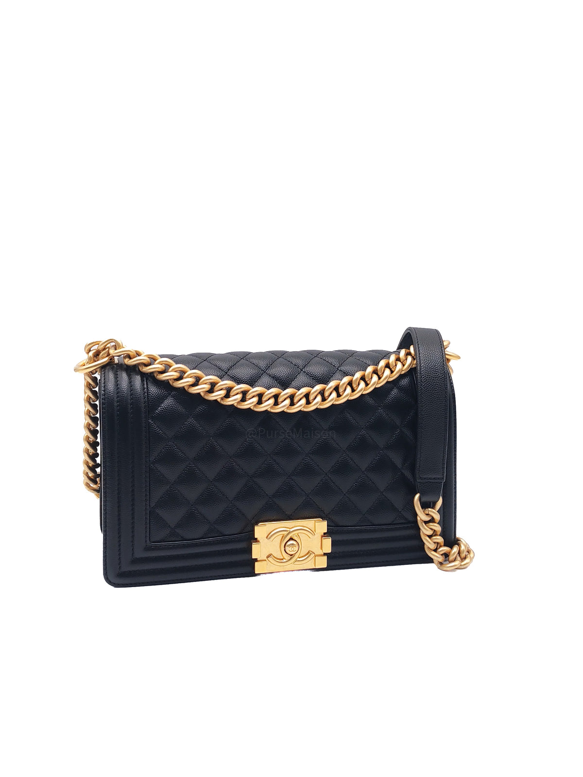 Chanel Boy Old Medium in Black Caviar Leather and Aged Gold Hardware Microchip (A9****U6)