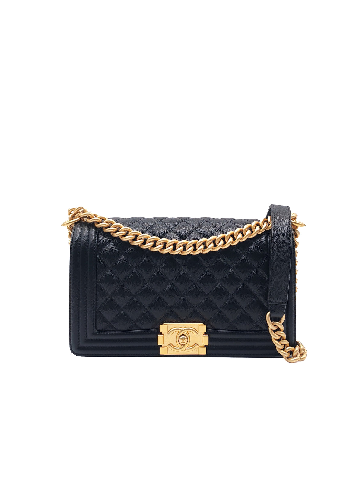 Chanel Boy Old Medium in Black Caviar Leather and Aged Gold Hardware Microchip (A9****U6)