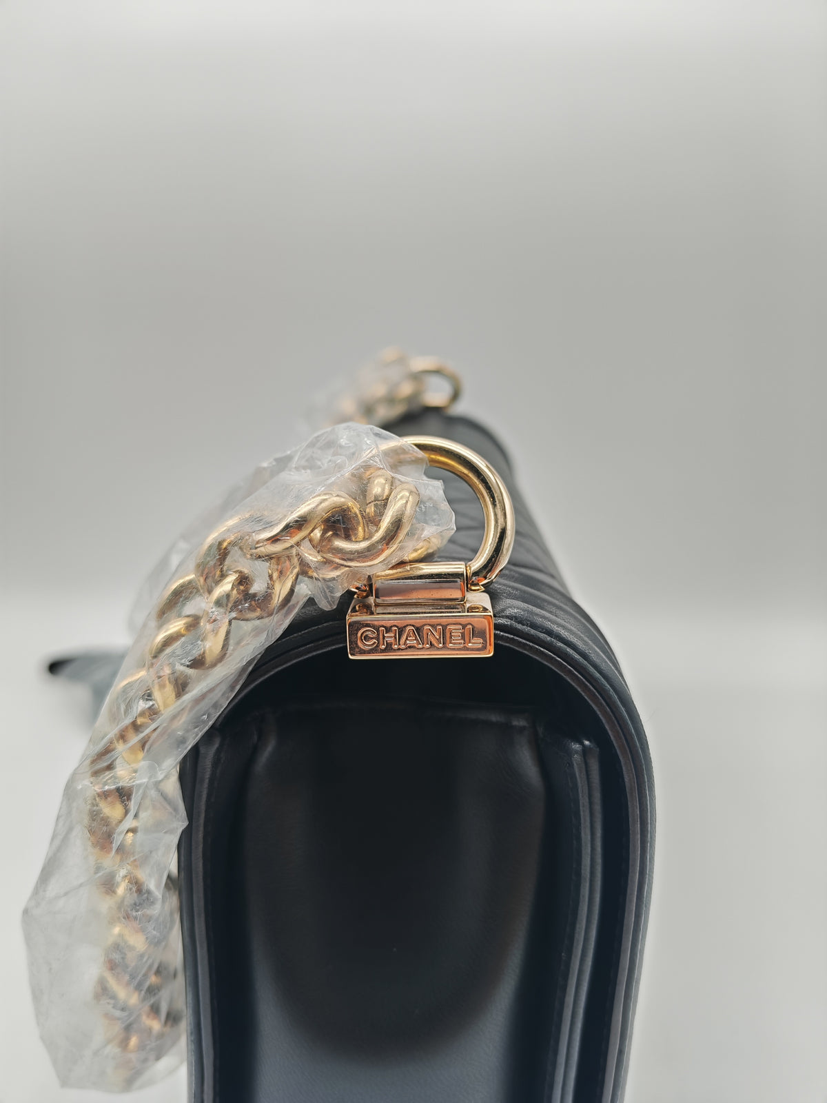 Chanel Boy New Medium in Black Lambskin Leather and Light Gold Hardware Series 22