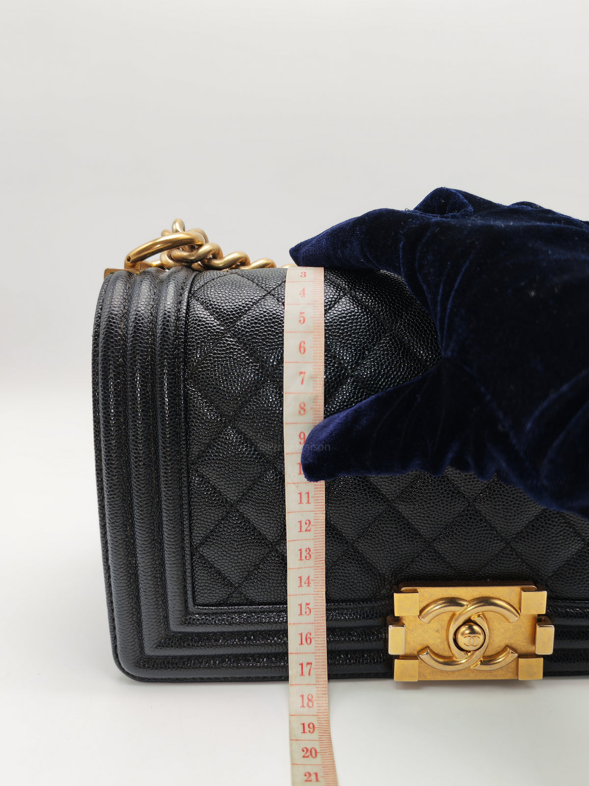 Chanel Boy Old Medium in Black Quilted Caviar Leather and Aged Gold Hardware Series 28