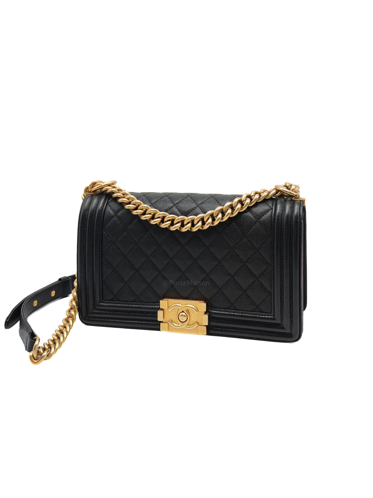 Chanel Boy Old Medium in Black Quilted Caviar Leather and Aged Gold Hardware Series 28