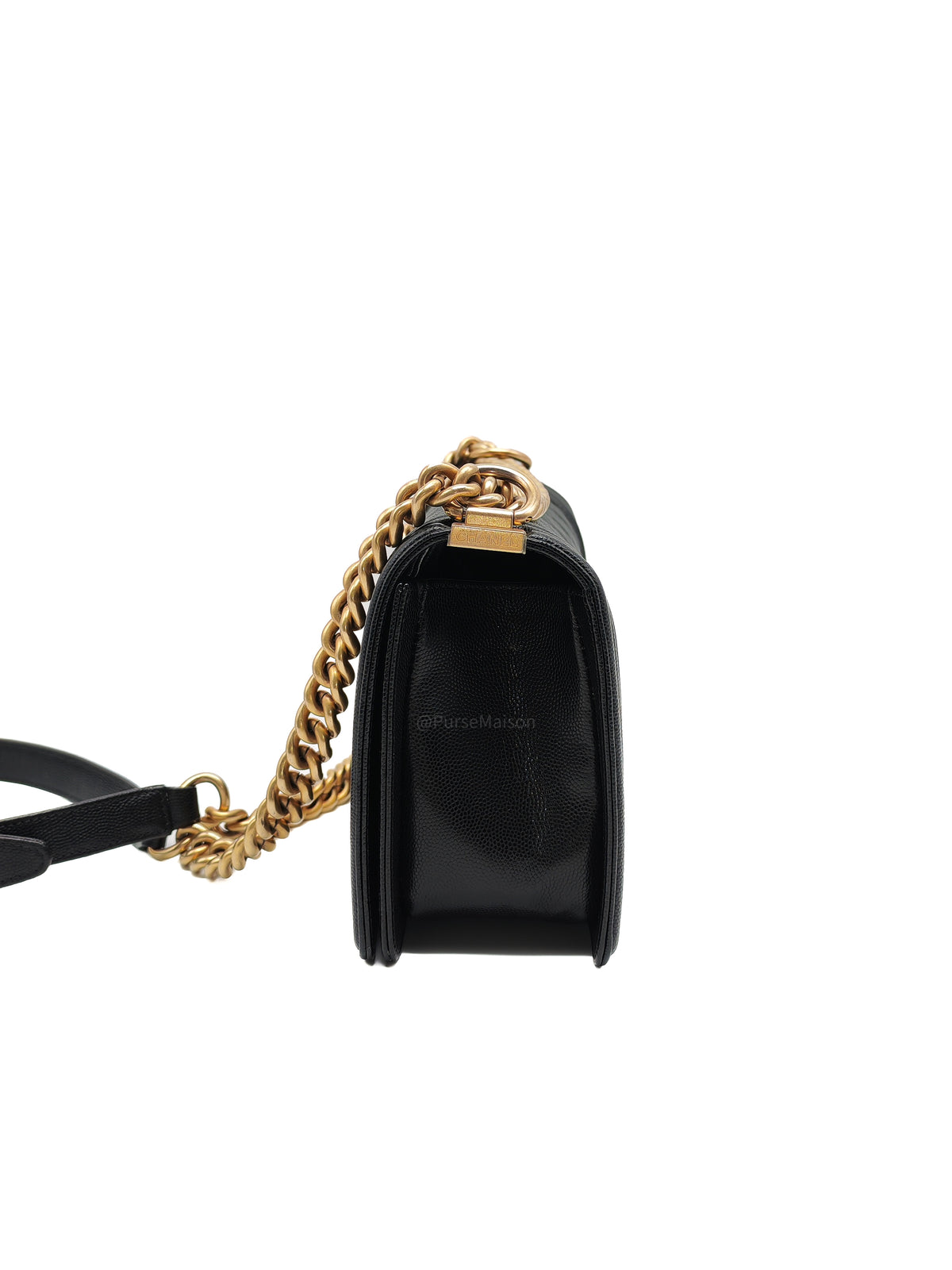 Chanel Boy Old Medium in Black Quilted Caviar Leather and Aged Gold Hardware Series 28