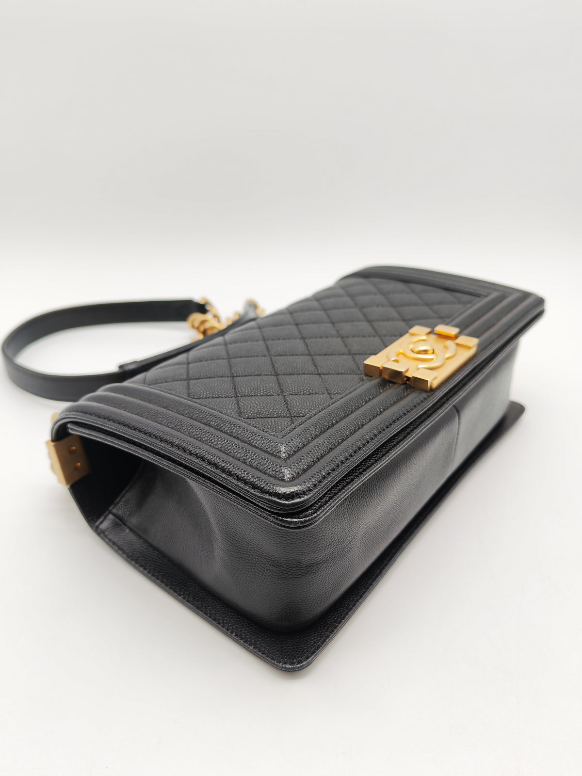 Chanel Boy Old Medium in Black Quilted Caviar Leather and Aged Gold Hardware Series 28