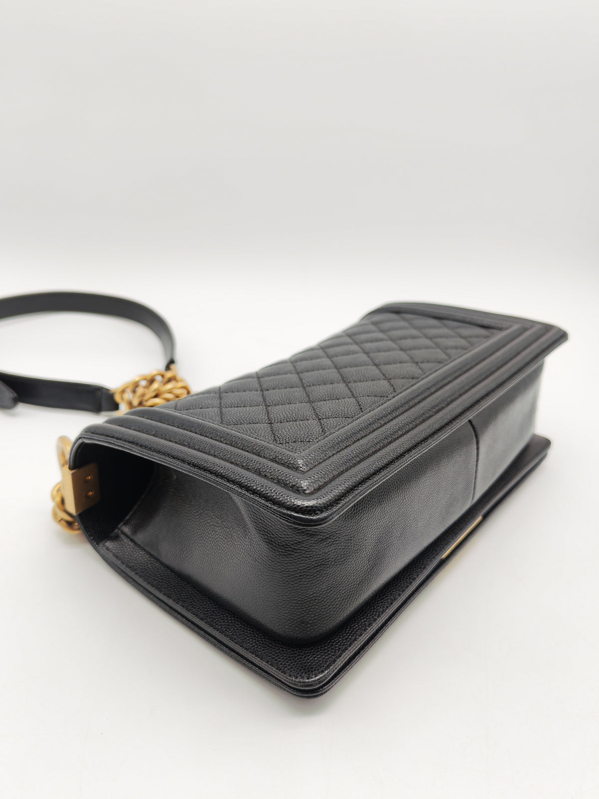 Chanel Boy Old Medium in Black Quilted Caviar Leather and Aged Gold Hardware Series 28
