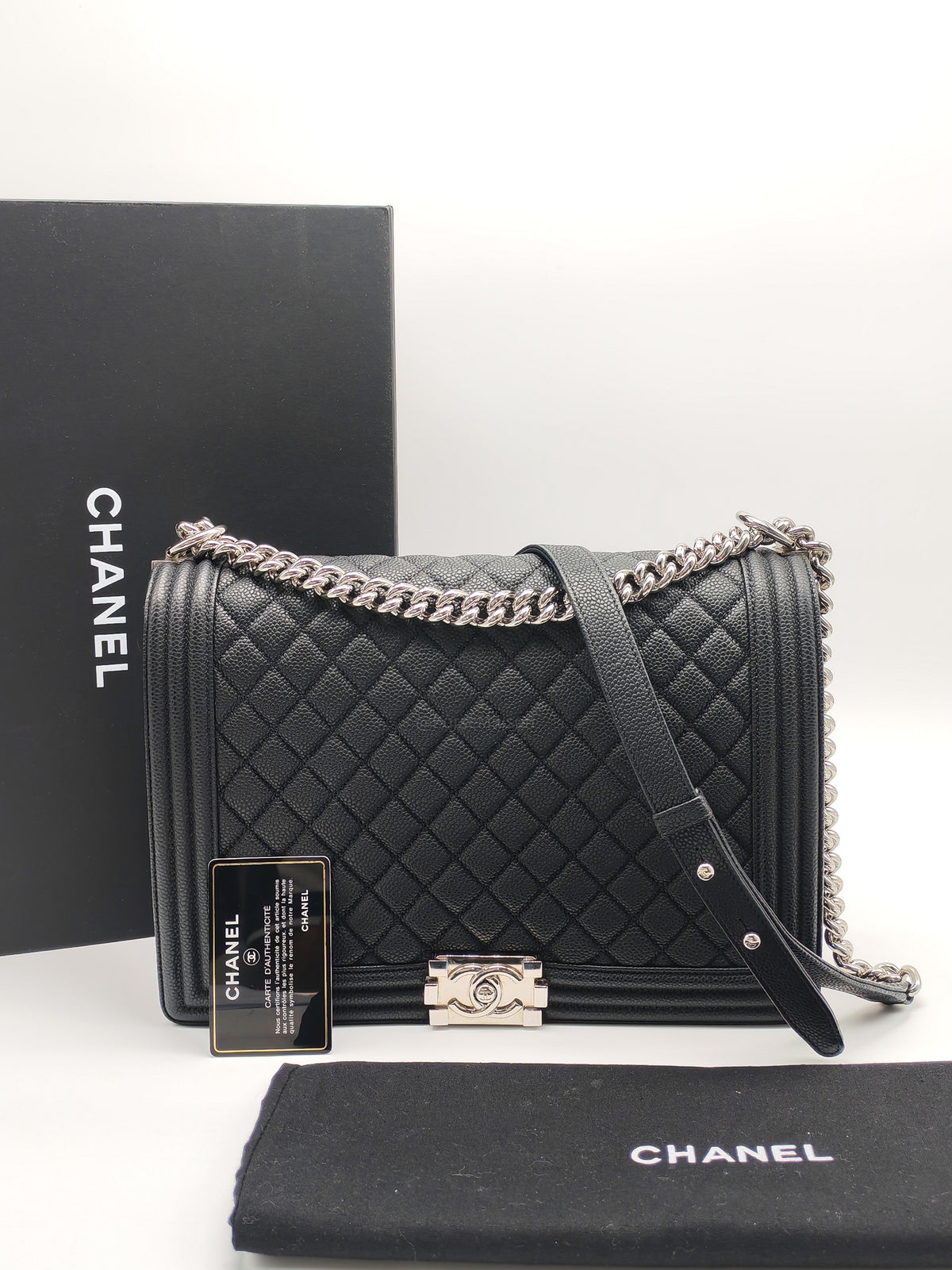 Chanel Le Boy Large in Black Quilted Caviar Leather and Silver Hardware Series 17