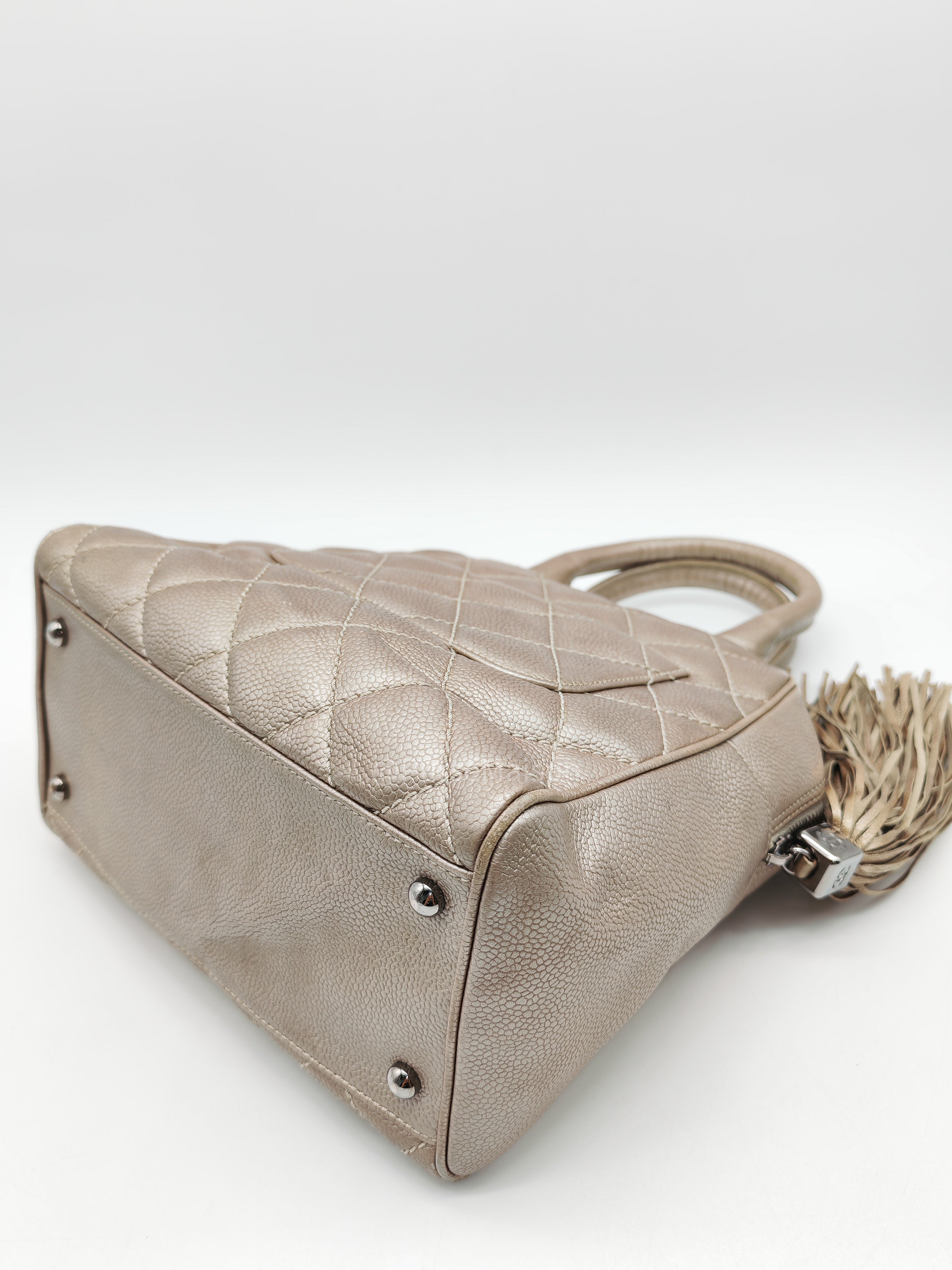Chanel Tassel Top Handle Bag in Metallic Quilted Caviar Leather Silver Hardware (Series 9)