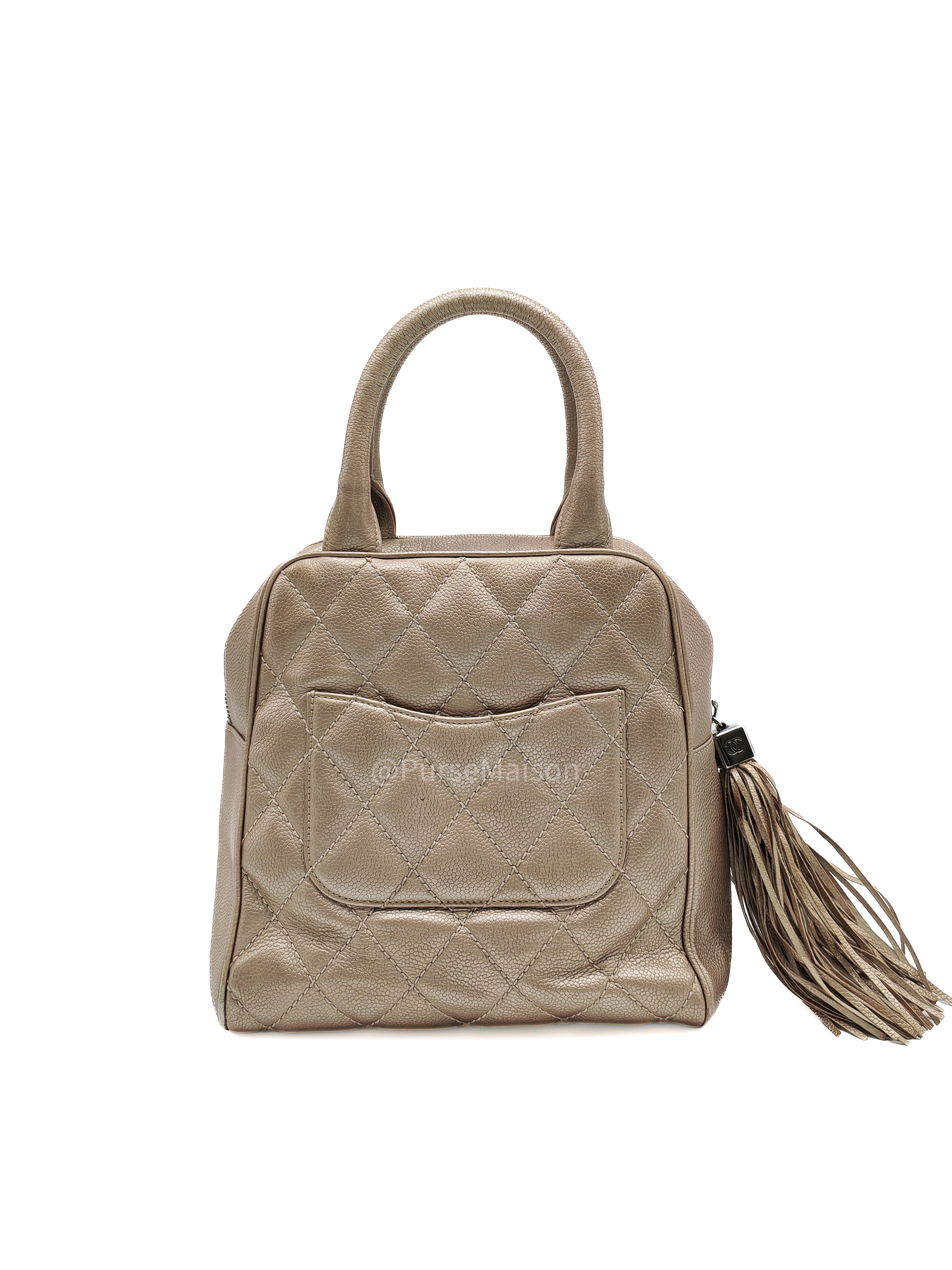 Chanel Tassel Top Handle Bag in Metallic Quilted Caviar Leather Silver Hardware (Series 9)