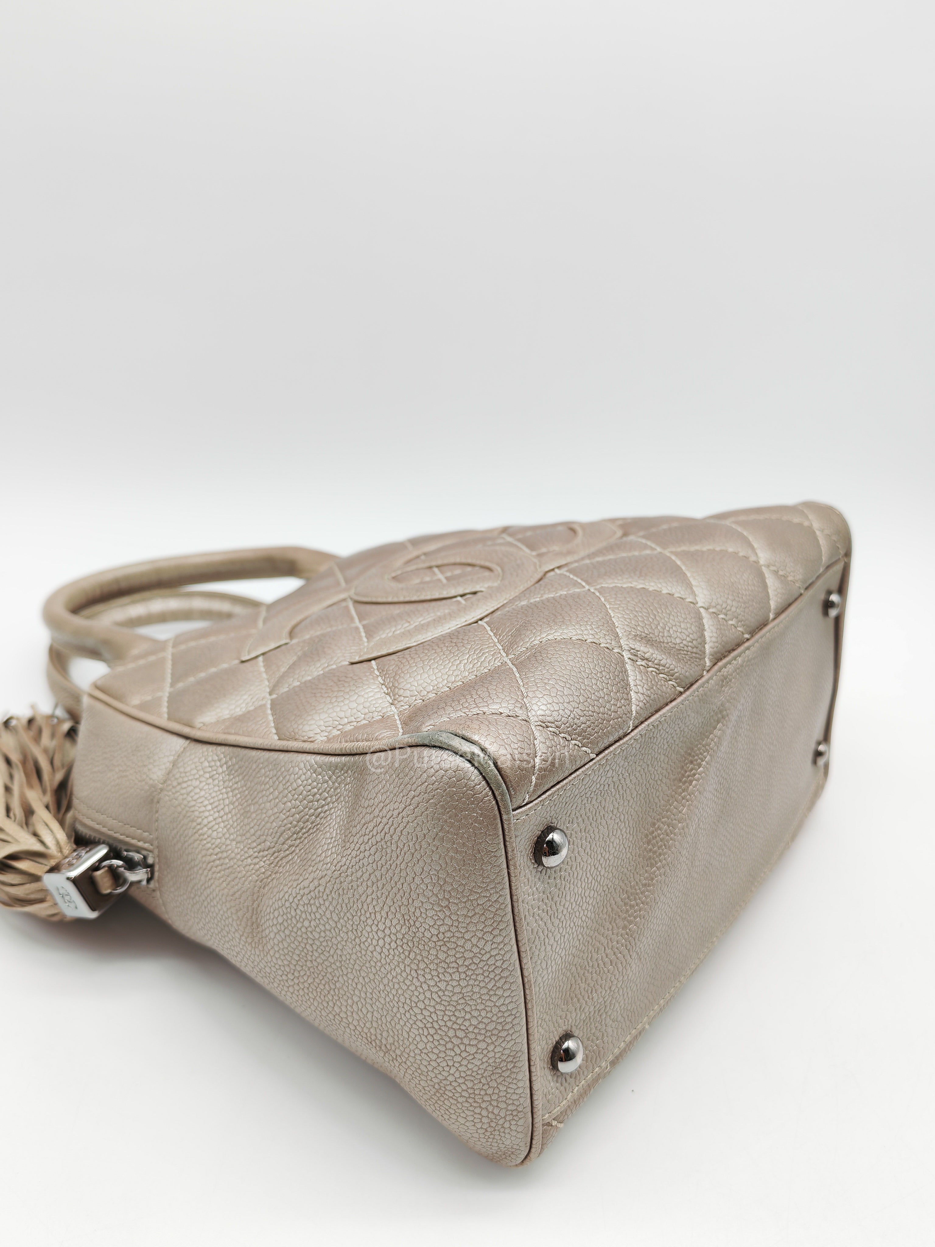 Chanel Tassel Top Handle Bag in Metallic Quilted Caviar Leather Silver Hardware (Series 9)