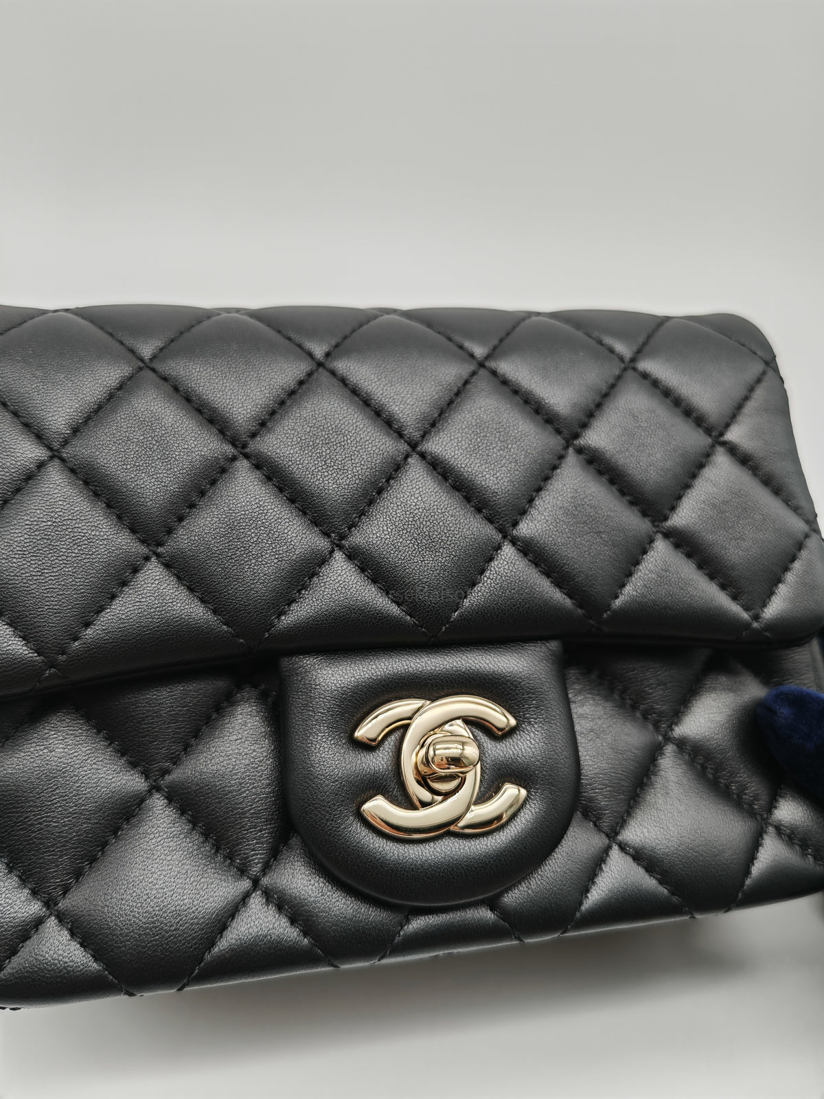 Chanel Mini Square Bag in Black Quilted Lambskin Leather Soccer Ball Pearl Crush in Light Gold Hardware (Microchip)