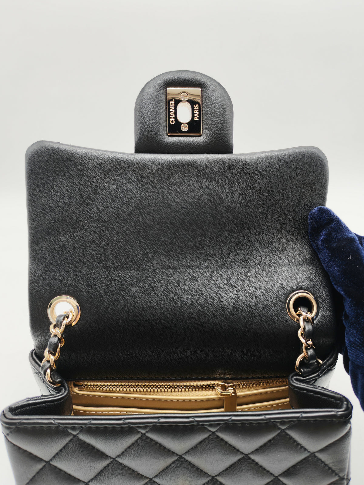 Chanel Mini Square Bag in Black Quilted Lambskin Leather Soccer Ball Pearl Crush in Light Gold Hardware (Microchip)