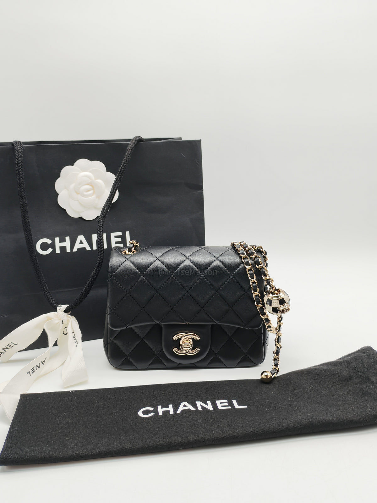 Chanel Mini Square Bag in Black Quilted Lambskin Leather Soccer Ball Pearl Crush in Light Gold Hardware (Microchip)