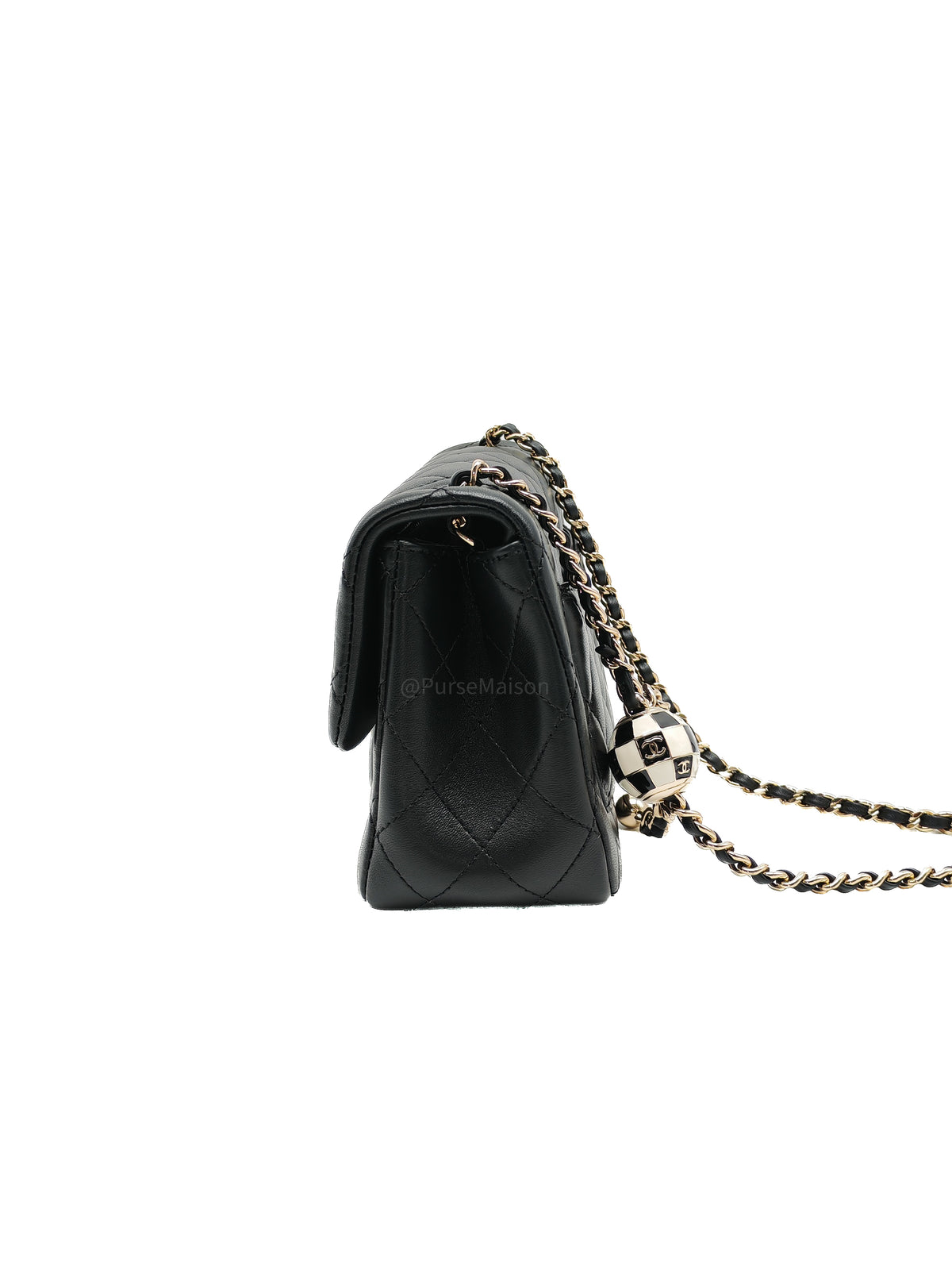 Chanel Mini Square Bag in Black Quilted Lambskin Leather Soccer Ball Pearl Crush in Light Gold Hardware (Microchip)