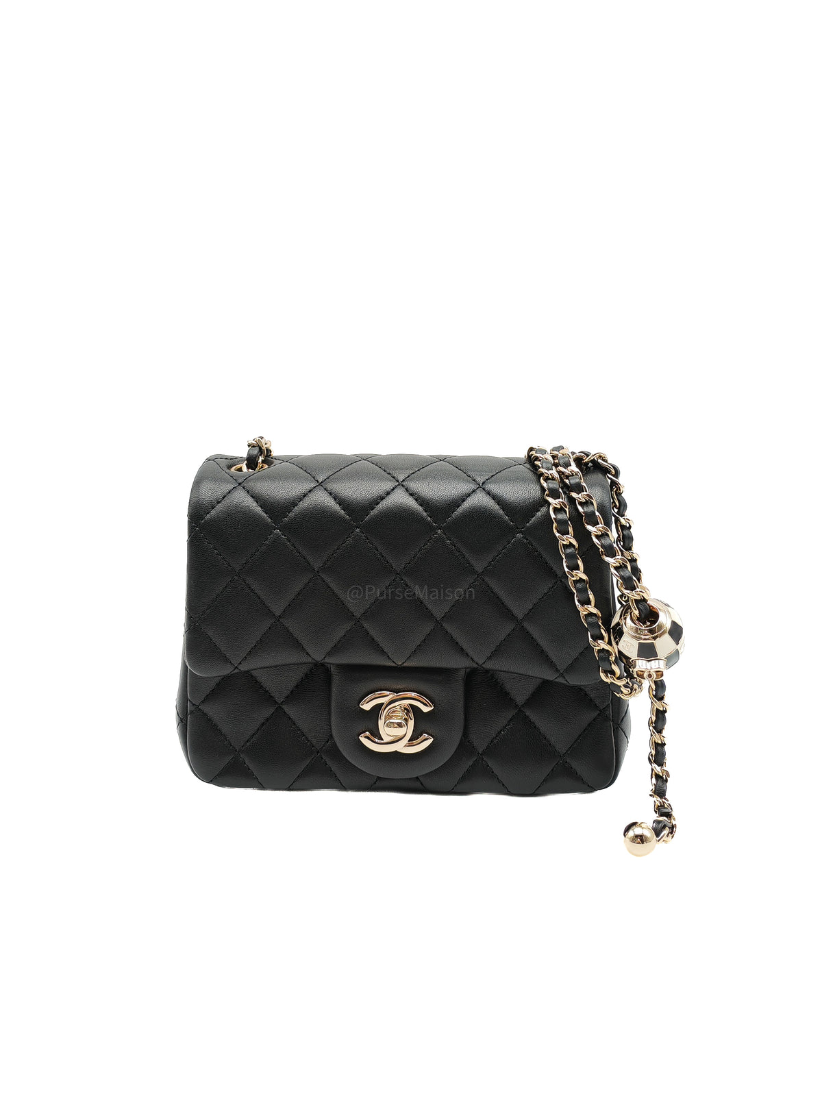 Chanel Mini Square Bag in Black Quilted Lambskin Leather Soccer Ball Pearl Crush in Light Gold Hardware (Microchip)