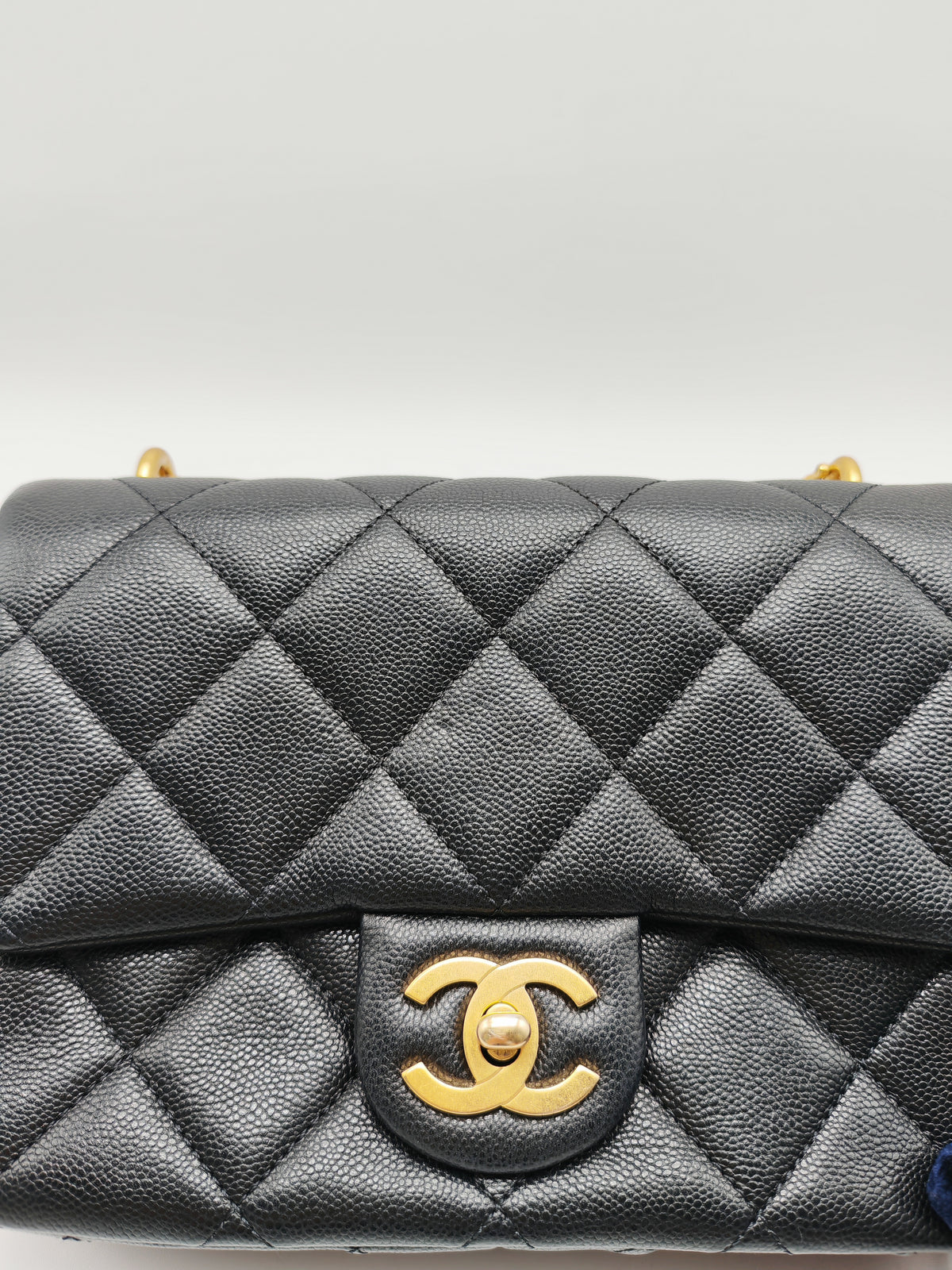Chanel Mini Rectangular Flap Bag in Black Quilted Caviar Leather and Aged Gold Hardware Microchip