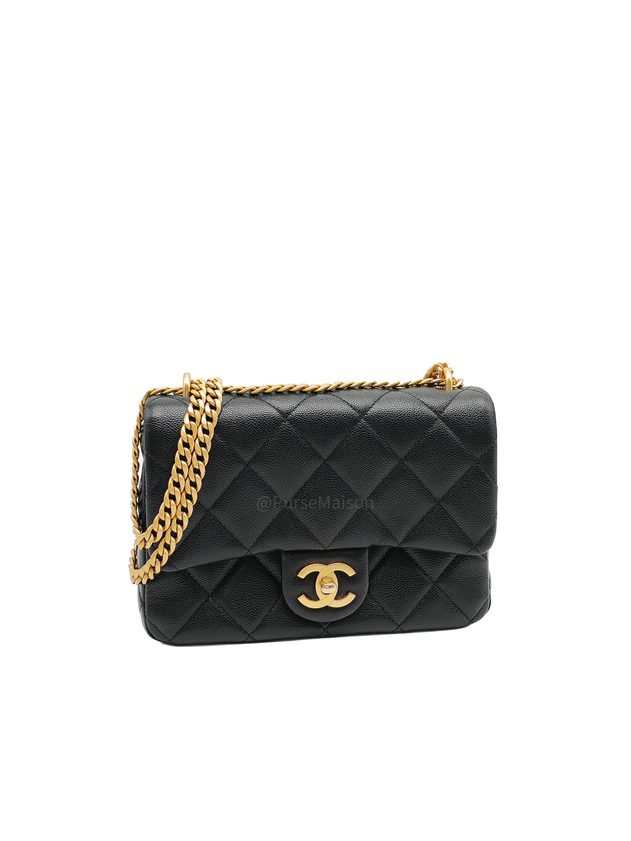Chanel Mini Rectangular Flap Bag in Black Quilted Caviar Leather and Aged Gold Hardware Microchip