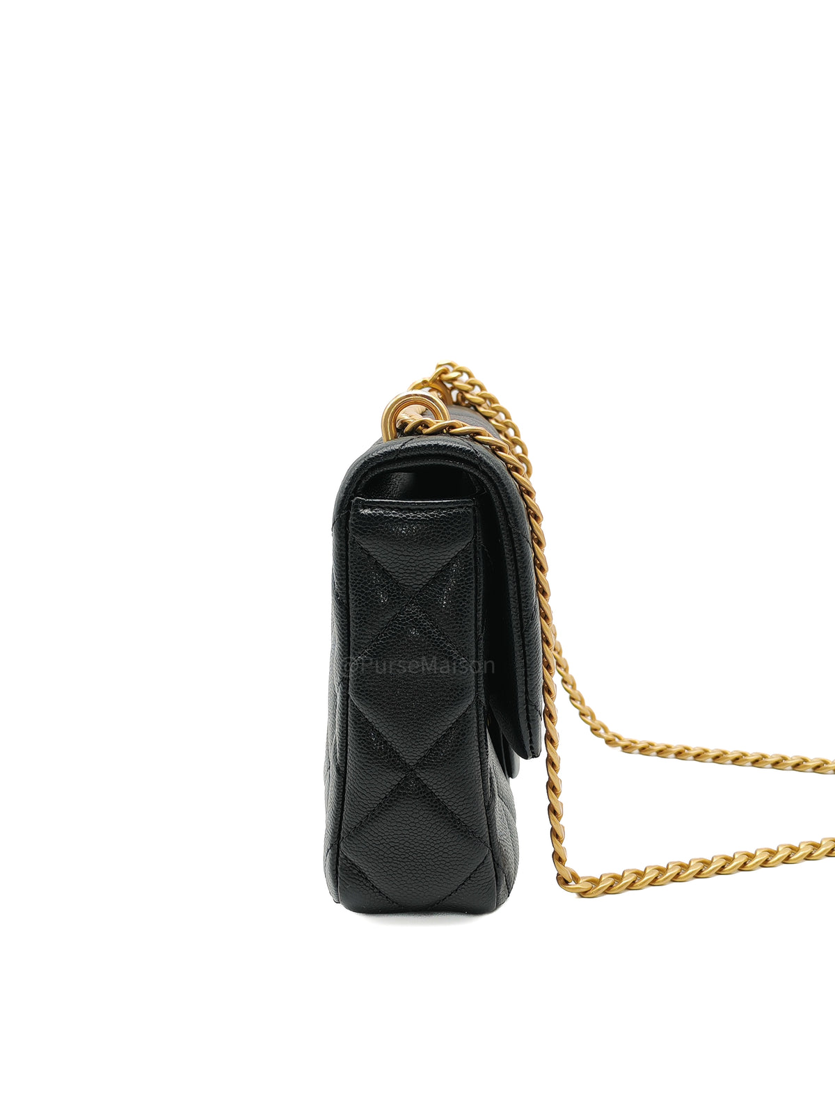 Chanel Mini Rectangular Flap Bag in Black Quilted Caviar Leather and Aged Gold Hardware Microchip