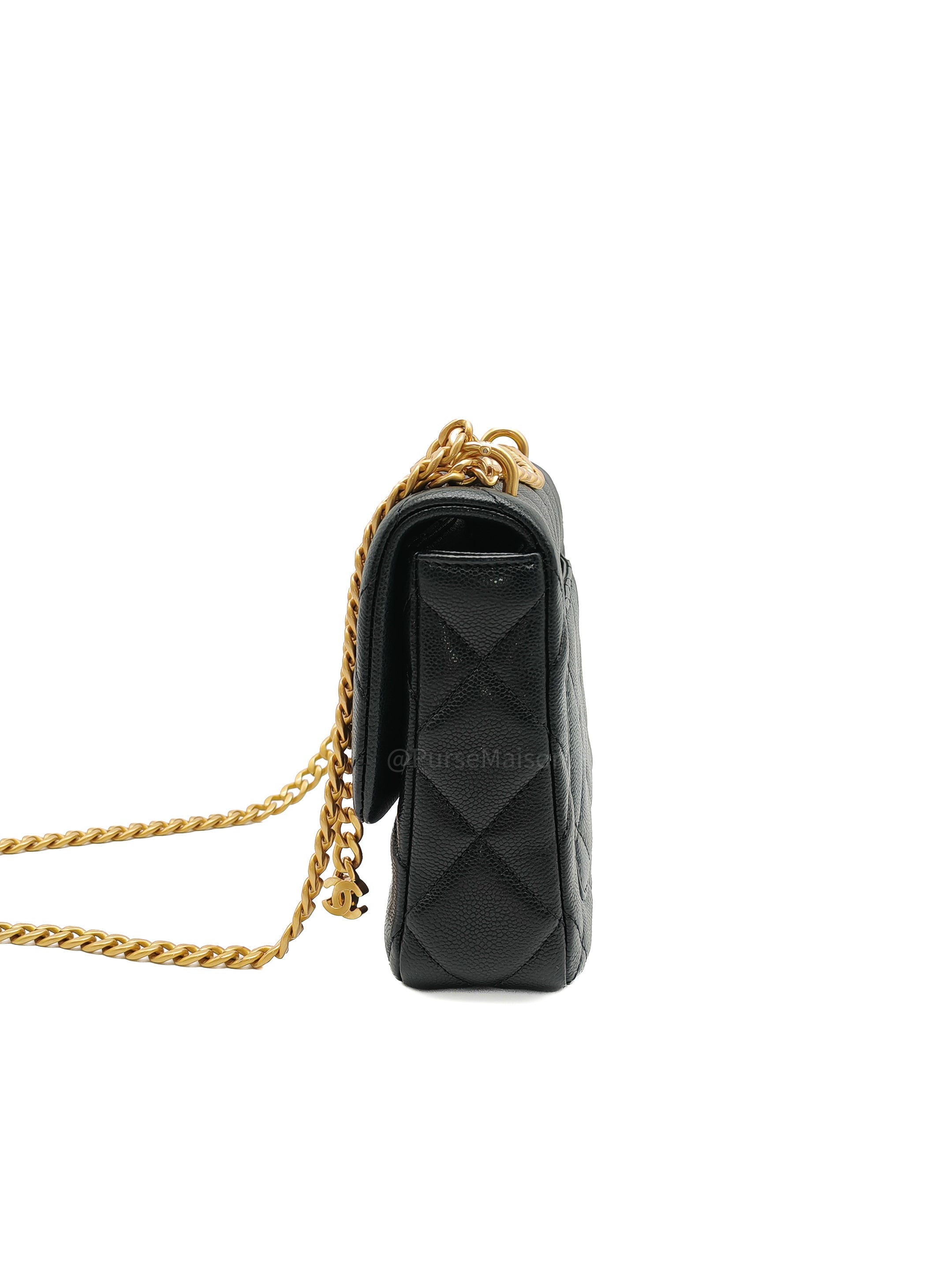 Chanel Mini Rectangular Flap Bag in Black Quilted Caviar Leather and Aged Gold Hardware Microchip