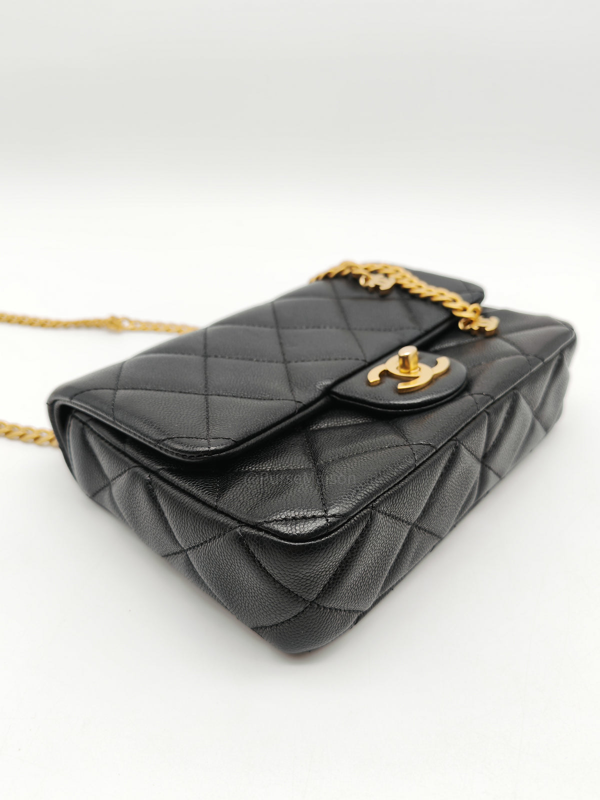 Chanel Mini Rectangular Flap Bag in Black Quilted Caviar Leather and Aged Gold Hardware Microchip