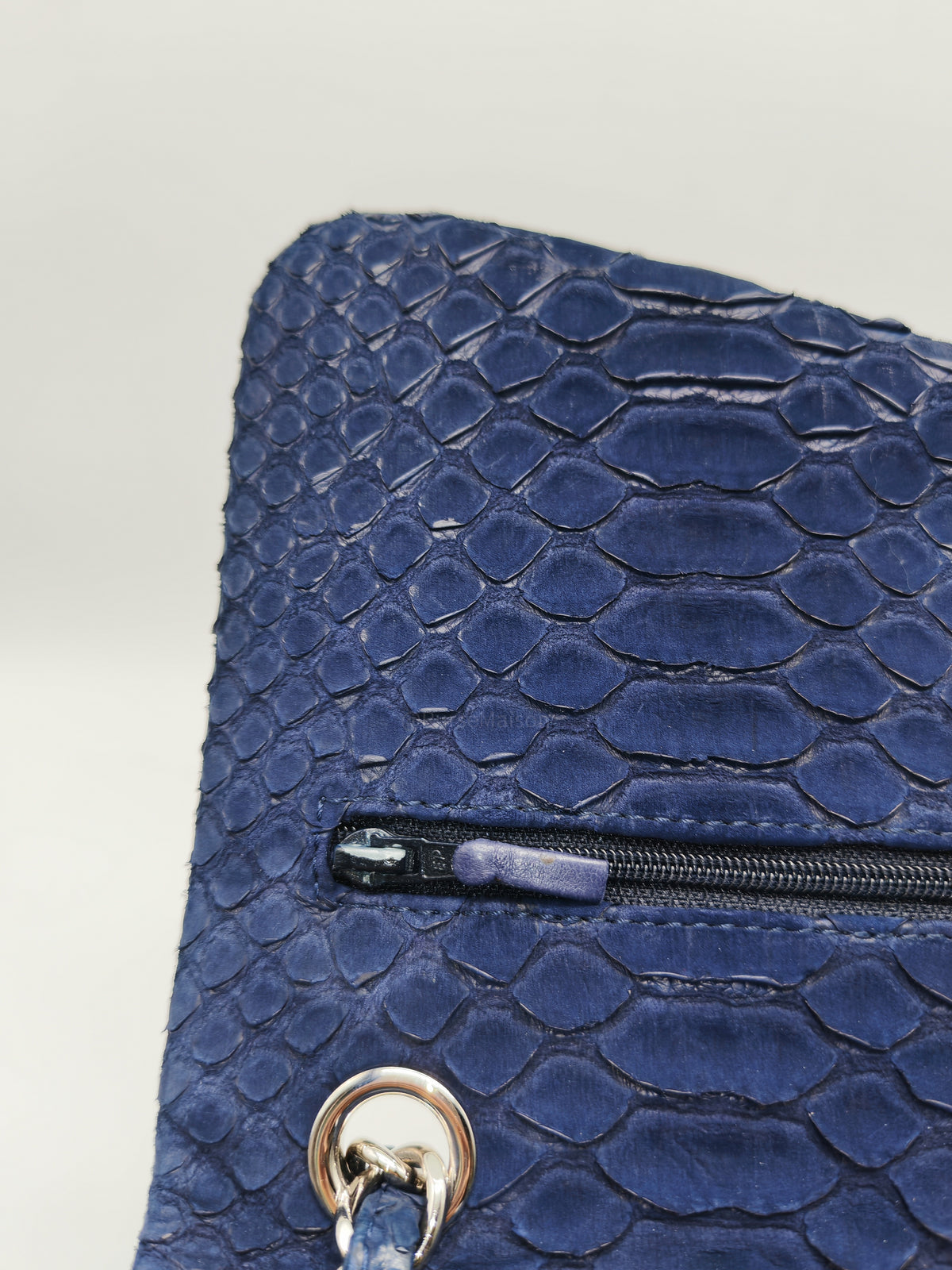 Chanel Classic Double Flap Bag in Navy Python Suede Silver Hardware (Series 14)