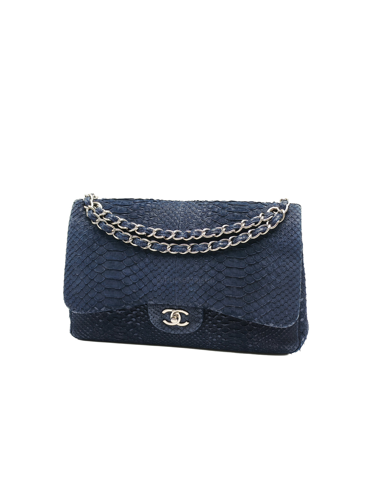 Chanel Classic Double Flap Bag in Navy Python Suede Silver Hardware (Series 14)