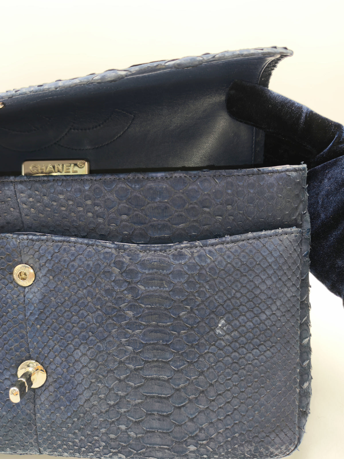 Chanel Classic Double Flap Bag in Navy Python Suede Silver Hardware (Series 14)