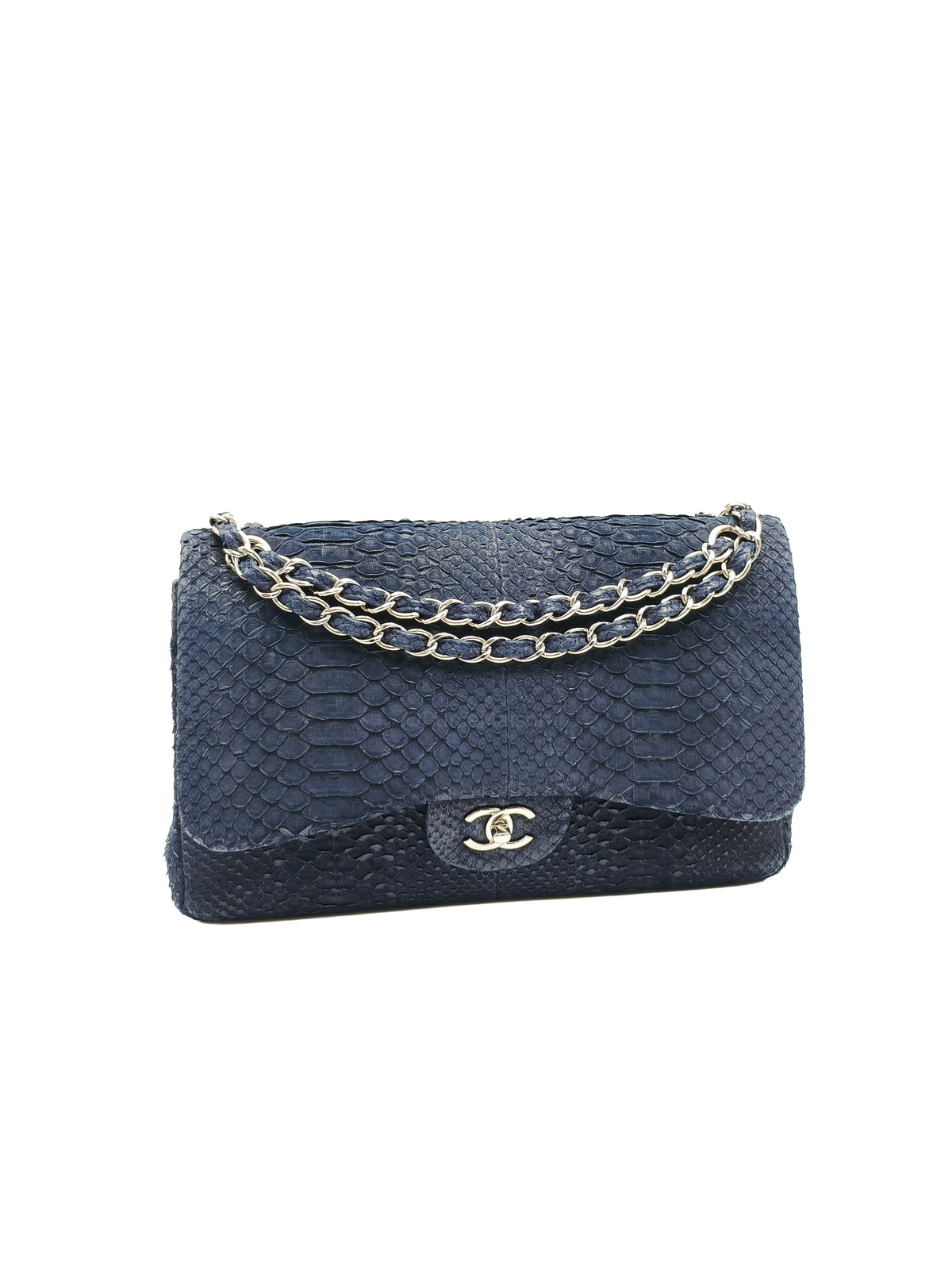 Chanel Classic Double Flap Bag in Navy Python Suede Silver Hardware (Series 14)