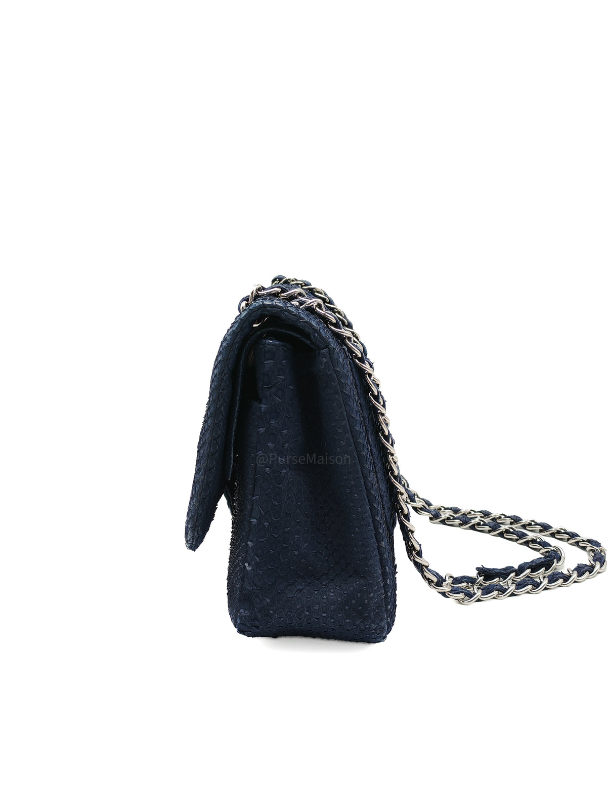 Chanel Classic Double Flap Bag in Navy Python Suede Silver Hardware (Series 14)