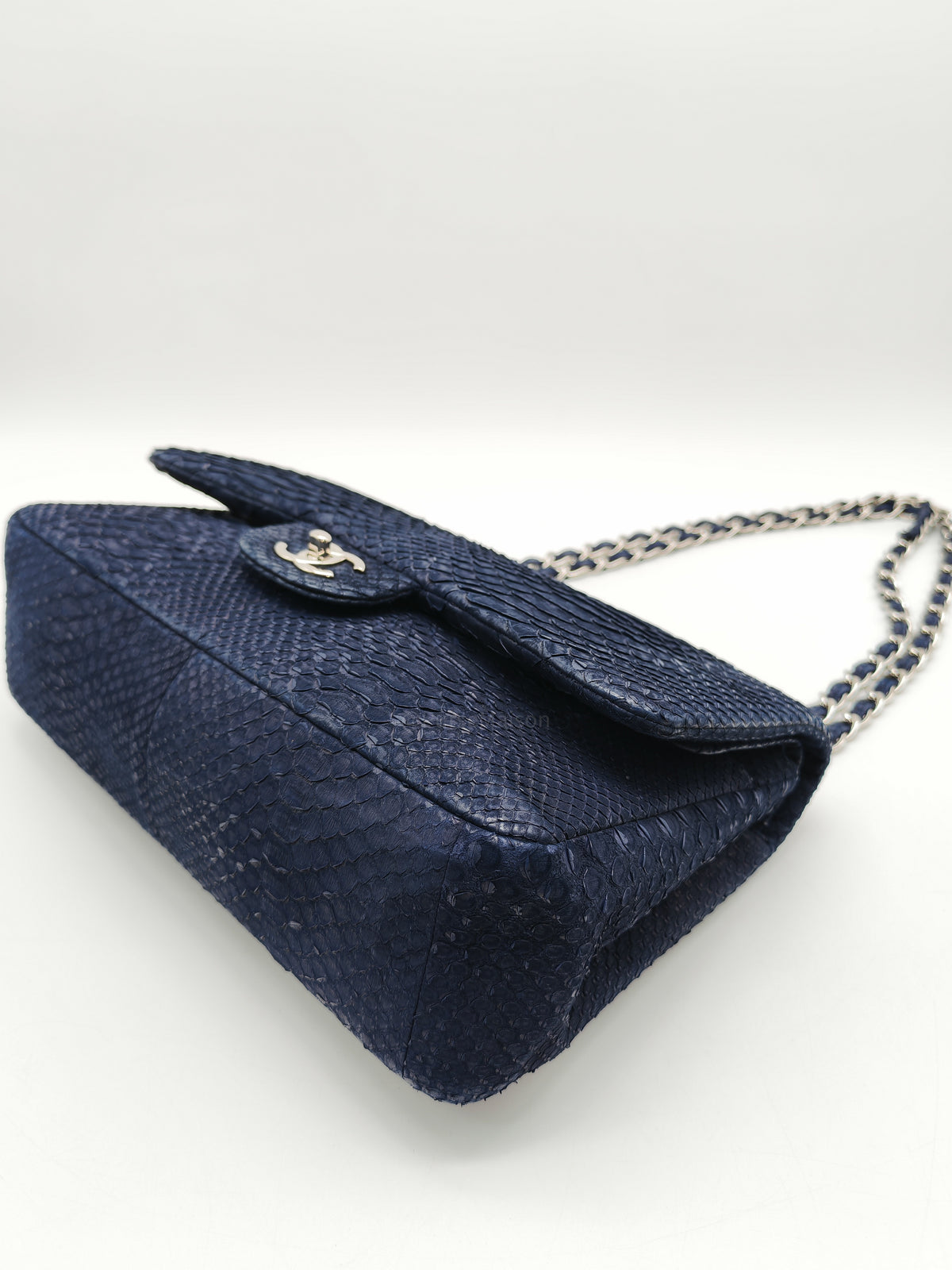 Chanel Classic Double Flap Bag in Navy Python Suede Silver Hardware (Series 14)