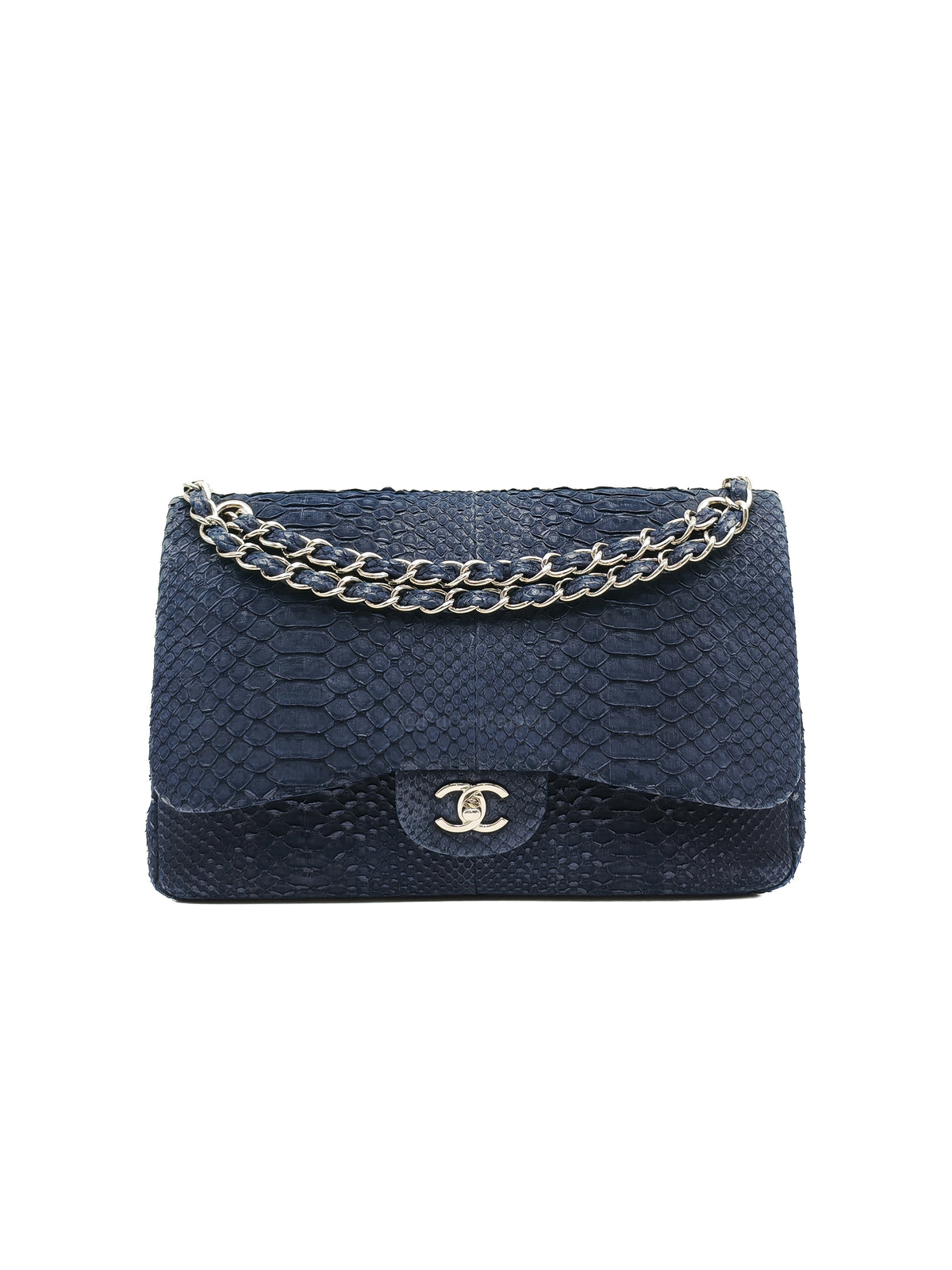 Chanel Classic Double Flap Bag in Navy Python Suede Silver Hardware (Series 14)