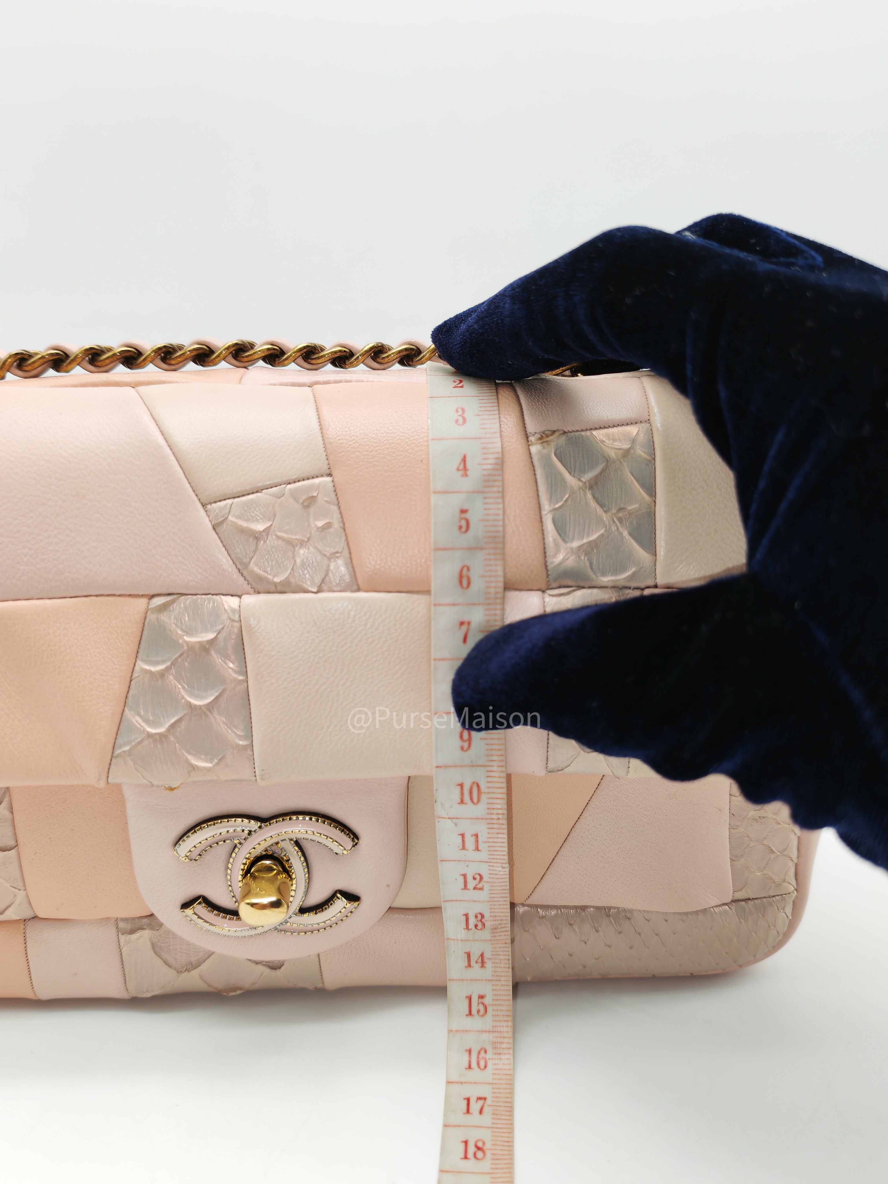 Chanel Timeless Patchwork Single Flap Bag Small in Multicolor Lambskin & Python Leather Aged Gold Hardware (Series 22)