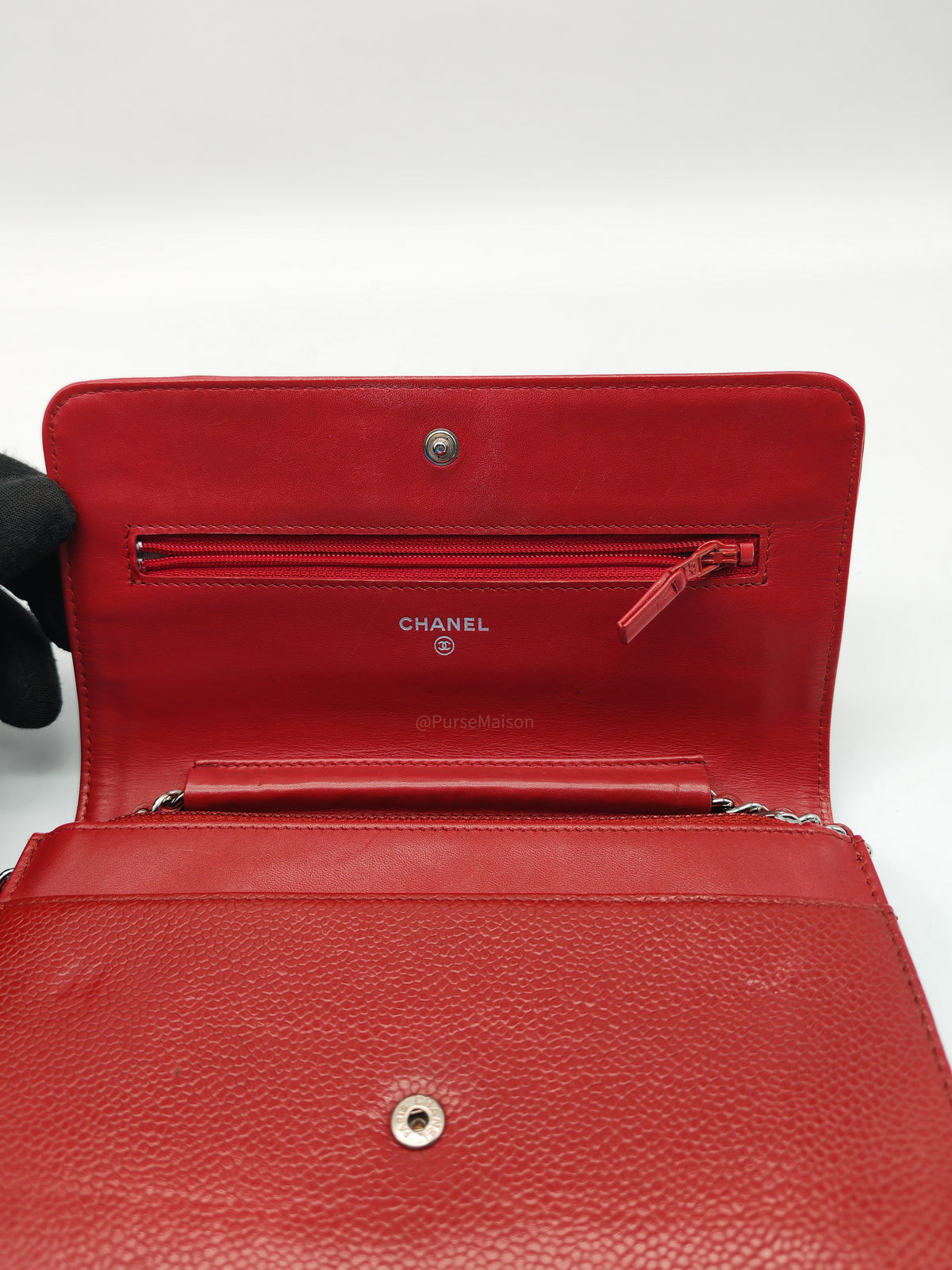 Chanel Timeless CC Wallet on Chain in Red Caviar Leather and Silver Hardware Series 18