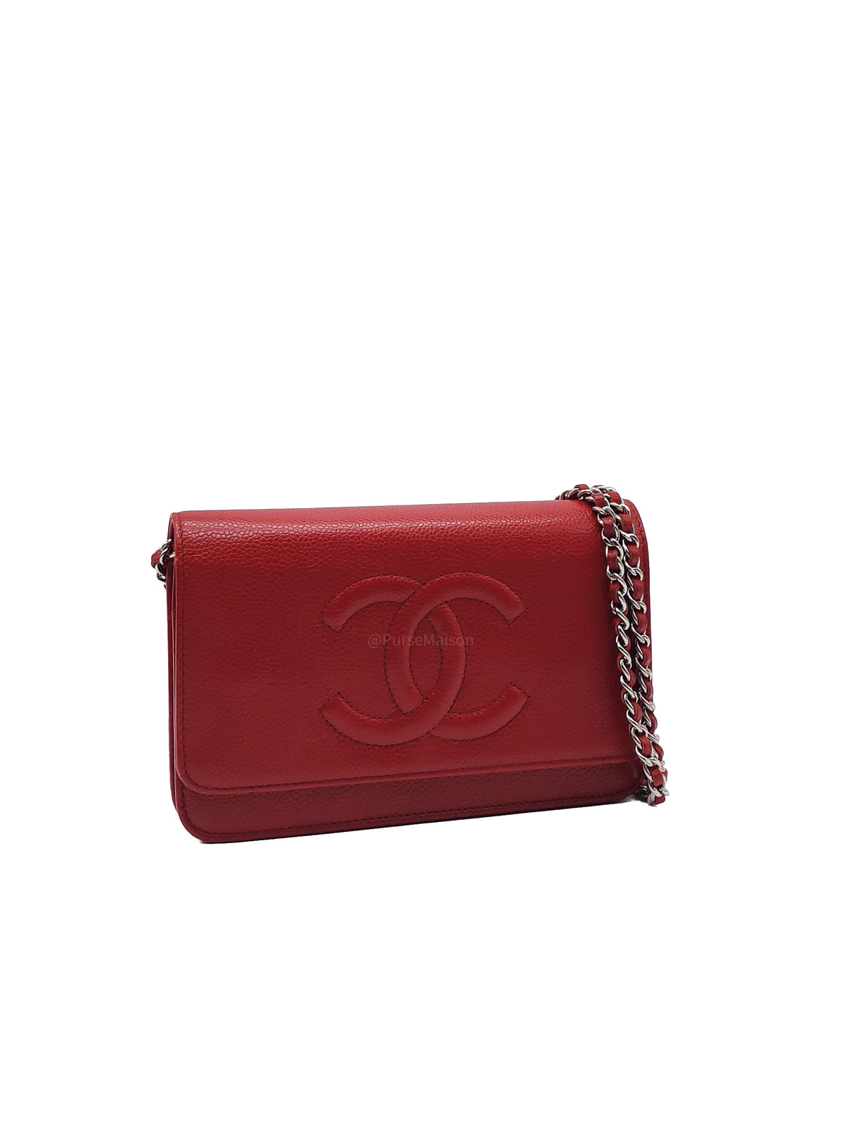Chanel Timeless CC Wallet on Chain in Red Caviar Leather and Silver Hardware Series 18