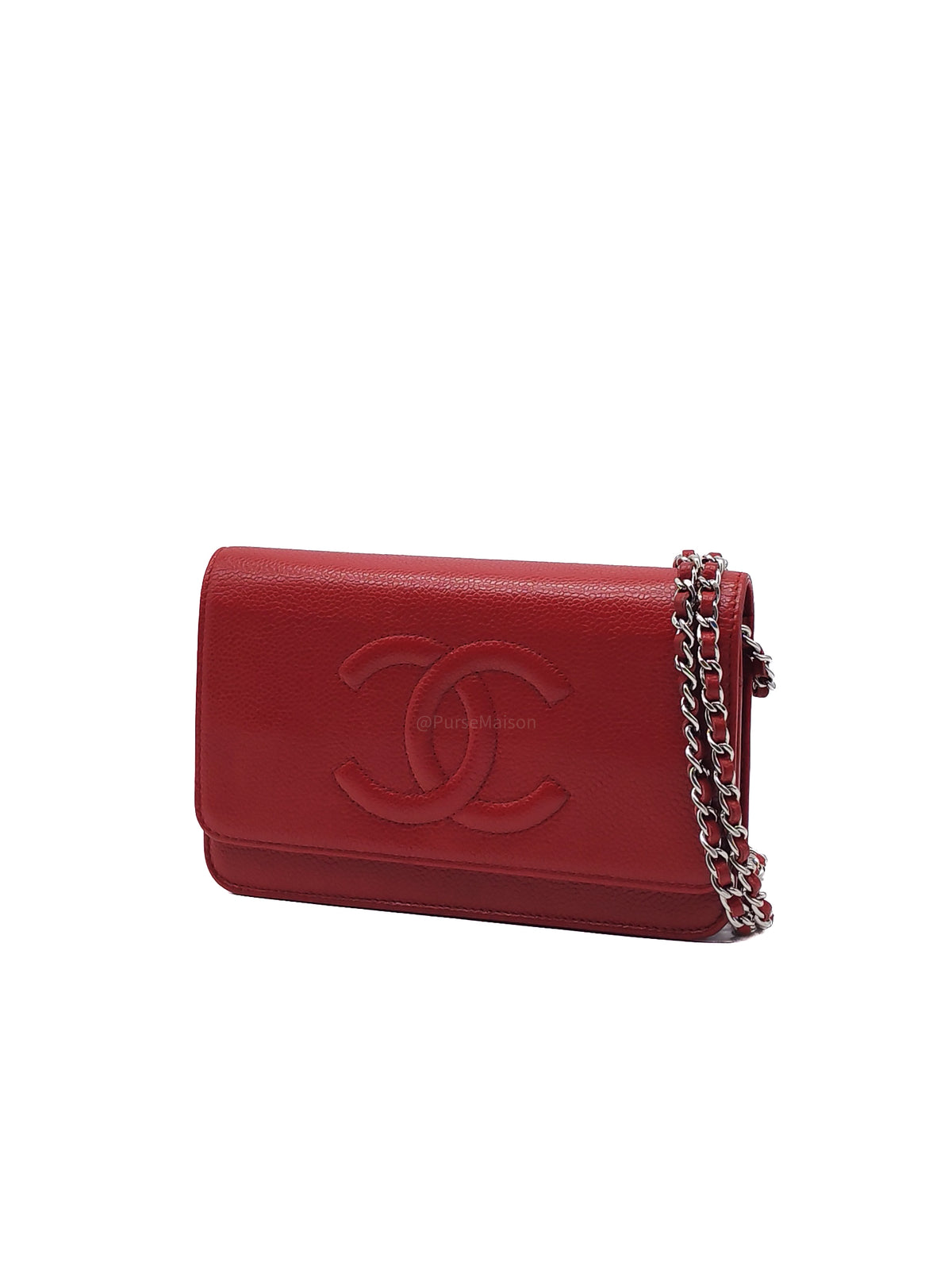 Chanel Timeless CC Wallet on Chain in Red Caviar Leather and Silver Hardware Series 18