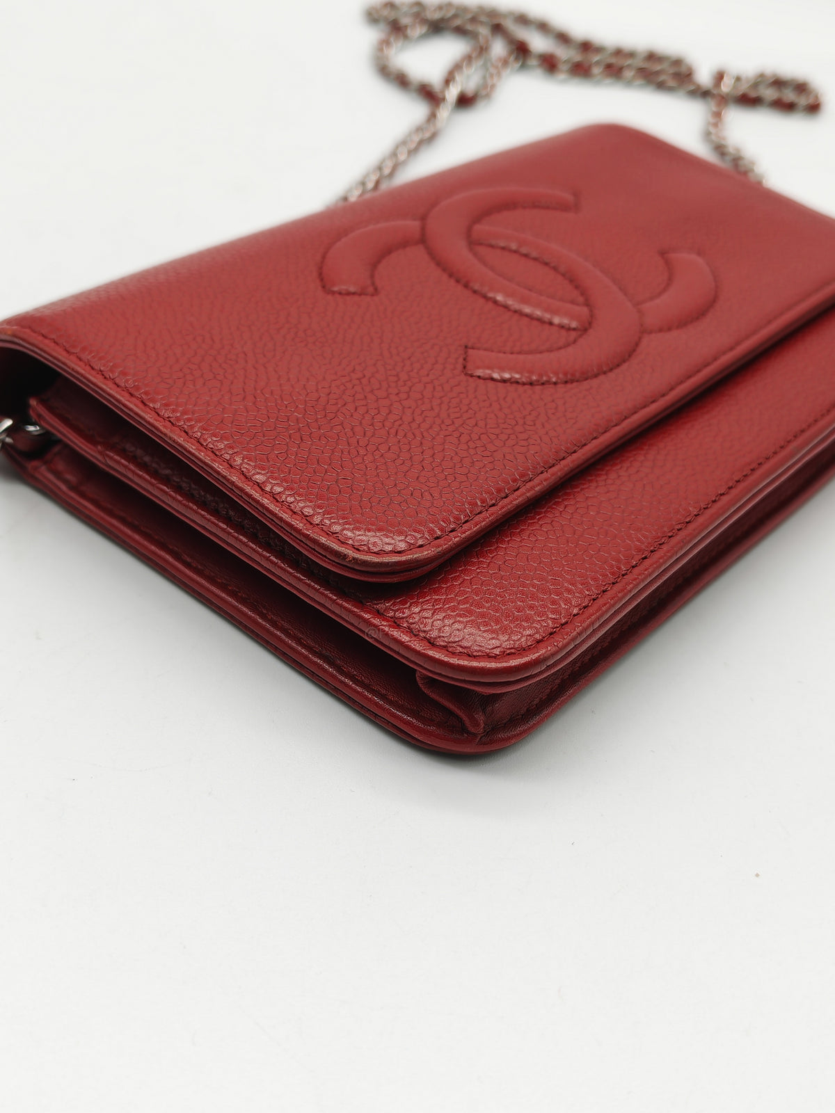 Chanel Timeless CC Wallet on Chain in Red Caviar Leather and Silver Hardware Series 18