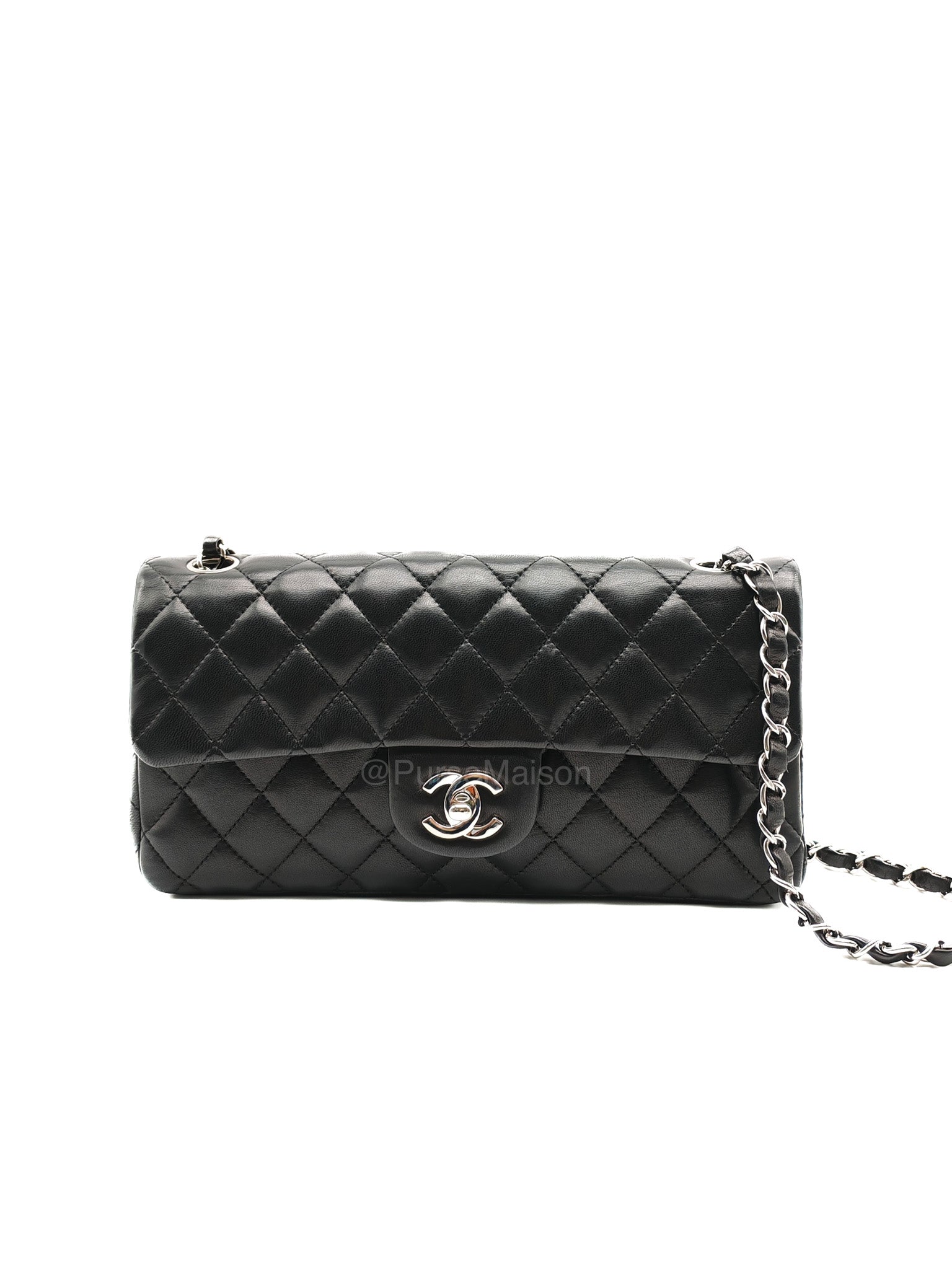 Chanel East West Flap Bag in Black Quilted Lambskin Leather and Silver Hardware Series 10