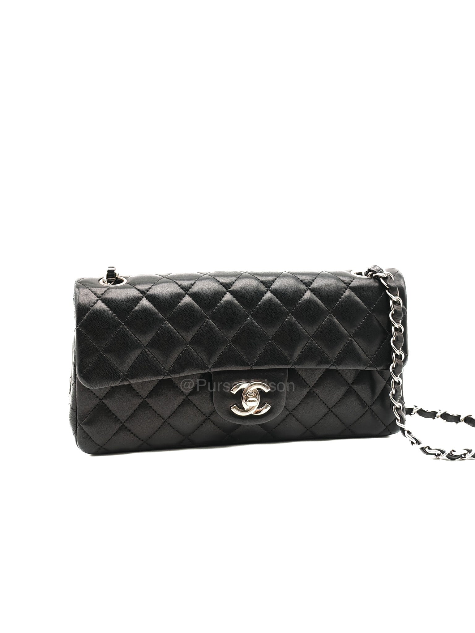 Chanel East West Flap Bag in Black Quilted Lambskin Leather and Silver Hardware Series 10