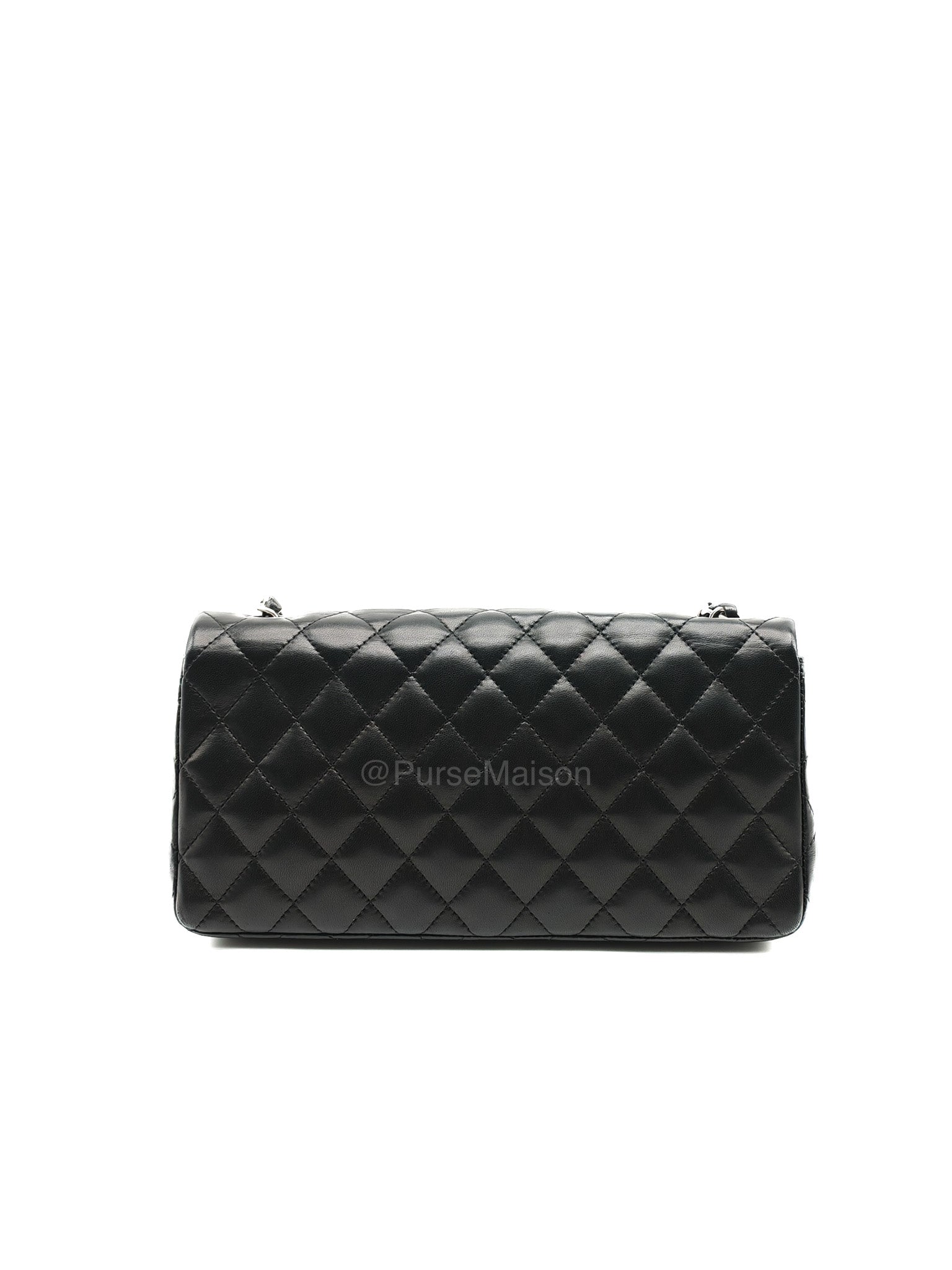 Chanel East West Flap Bag in Black Quilted Lambskin Leather and Silver Hardware Series 10