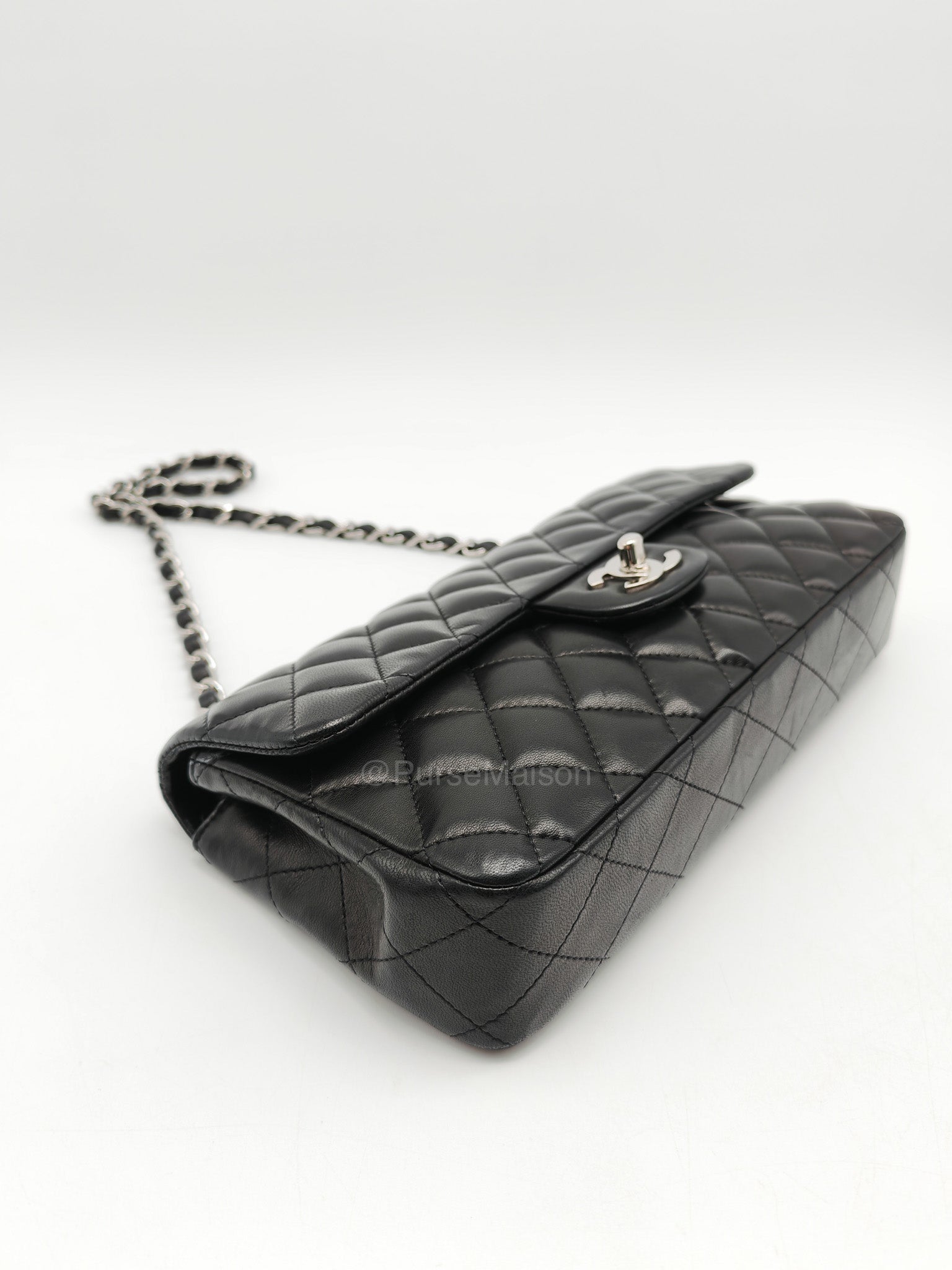 Chanel East West Flap Bag in Black Quilted Lambskin Leather and Silver Hardware Series 10