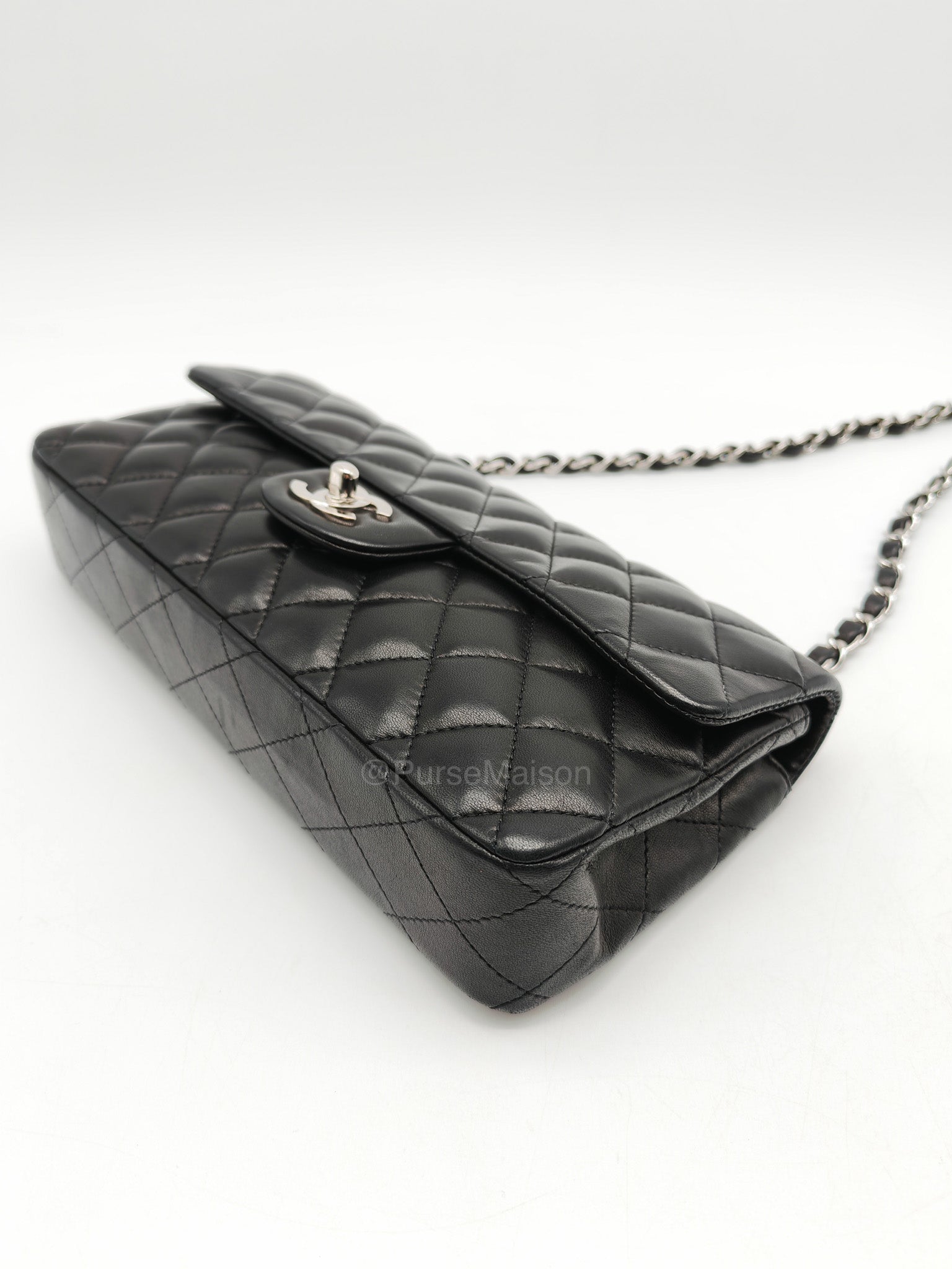 Chanel East West Flap Bag in Black Quilted Lambskin Leather and Silver Hardware Series 10