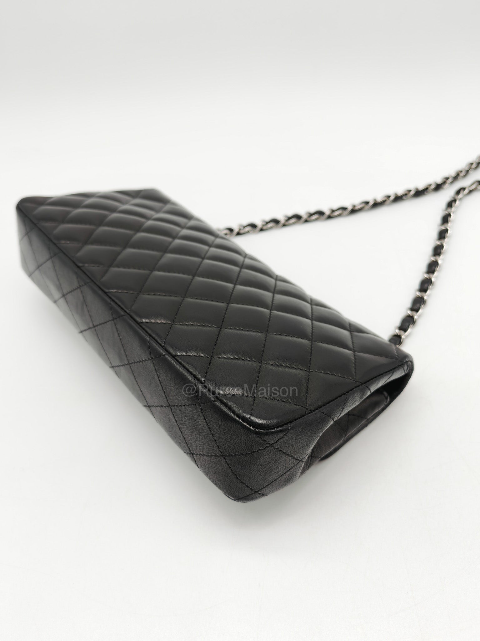 Chanel East West Flap Bag in Black Quilted Lambskin Leather and Silver Hardware Series 10