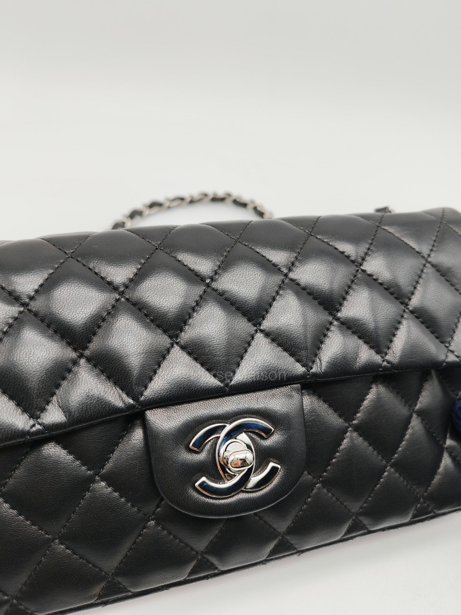 Chanel East West Flap Bag in Black Quilted Lambskin Leather and Silver Hardware Series 10