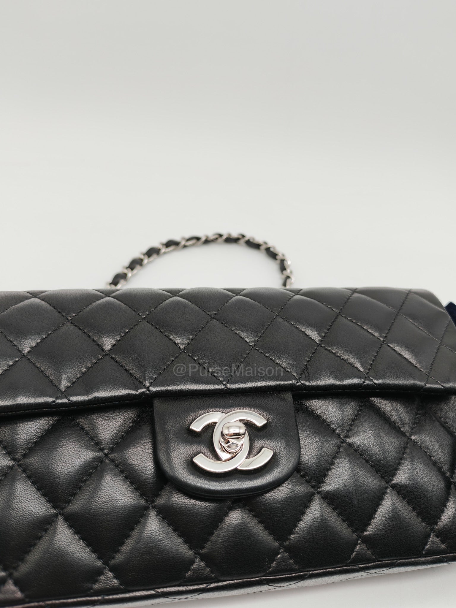 Chanel East West Flap Bag in Black Quilted Lambskin Leather and Silver Hardware Series 10
