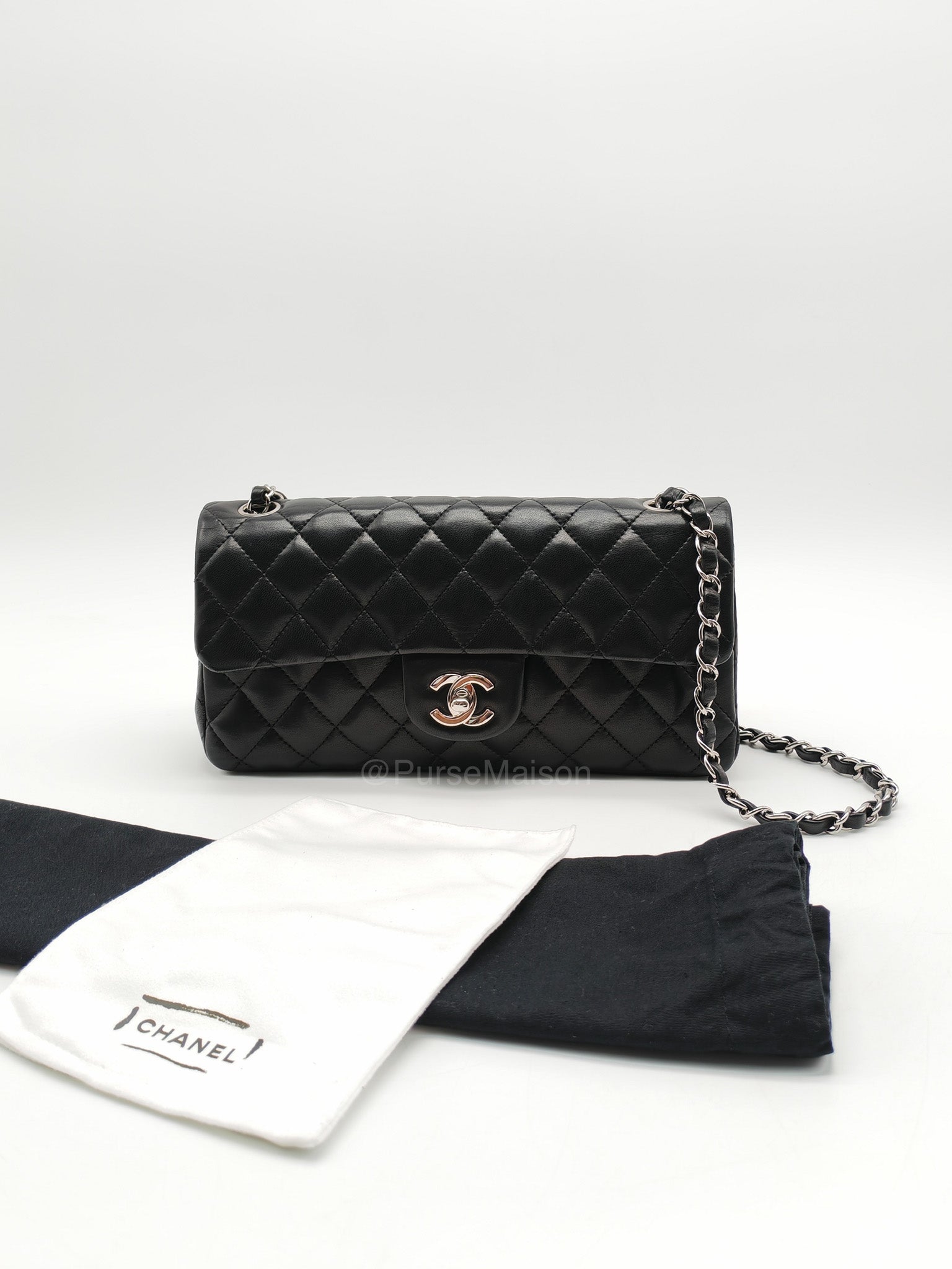 Chanel East West Flap Bag in Black Quilted Lambskin Leather and Silver Hardware Series 10
