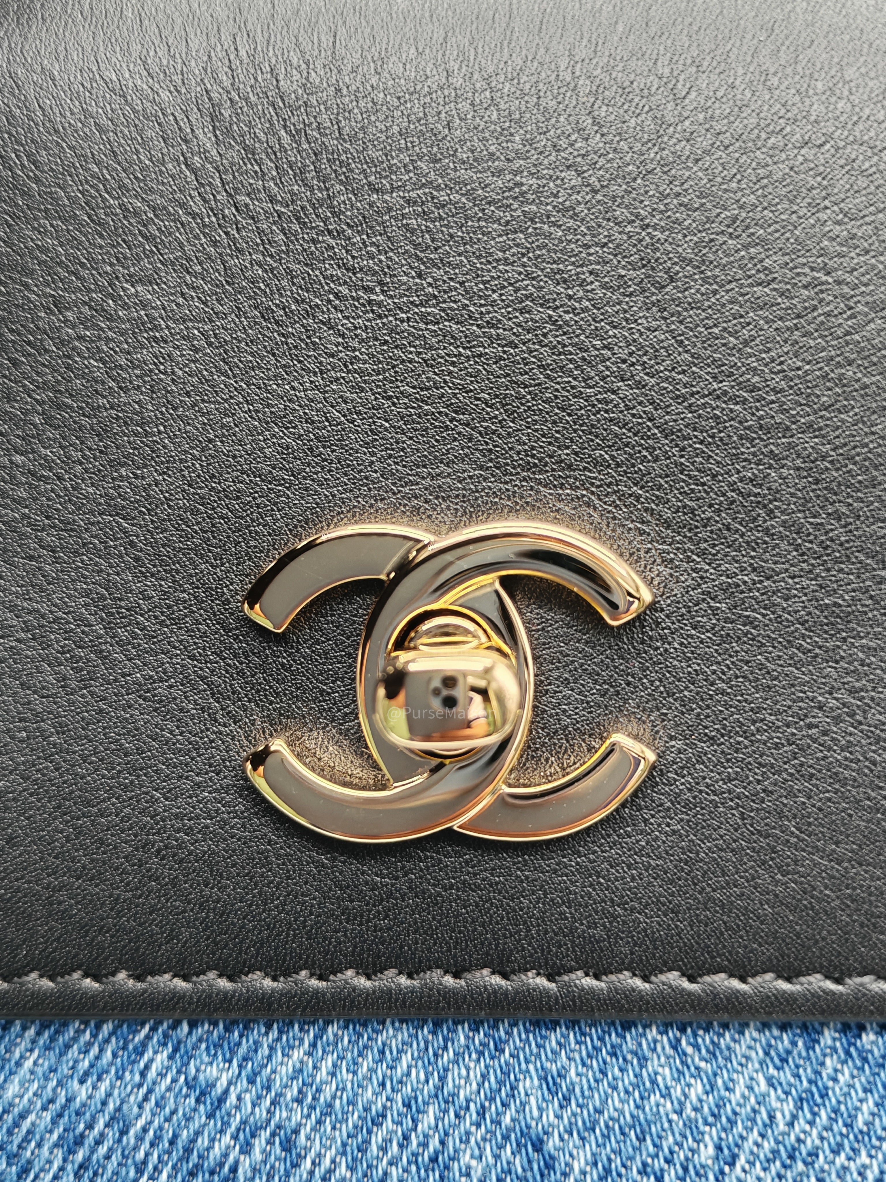 Chanel 26 Urban Essential Matthieu Blazy Large Tote Bag in Black Calfskin Leather and Denim Canvas Light Gold Hardware (Microchip)